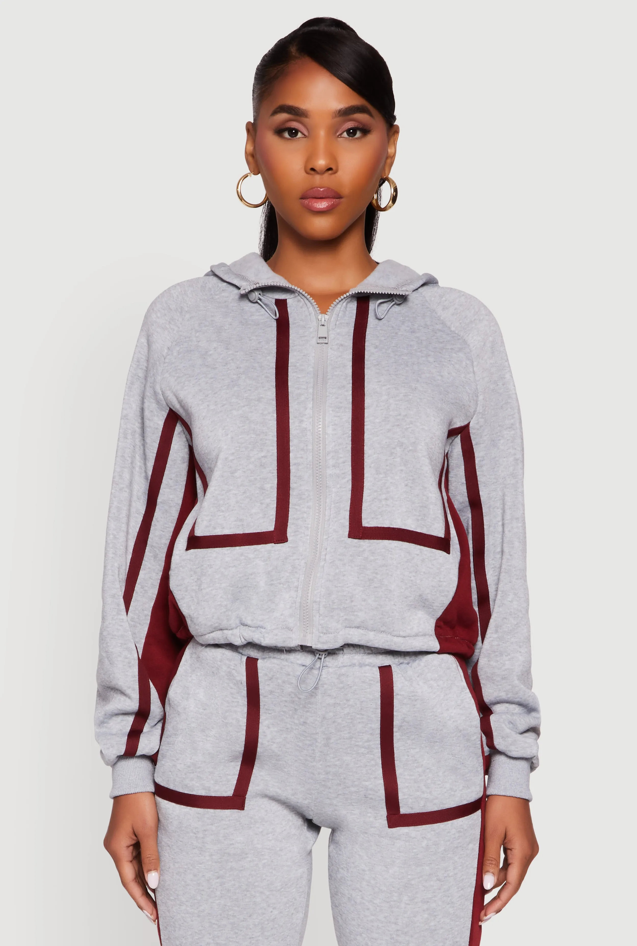 Contrast Trim Zip Front Toggle Drawstring Hoodie sold by Rainbow
