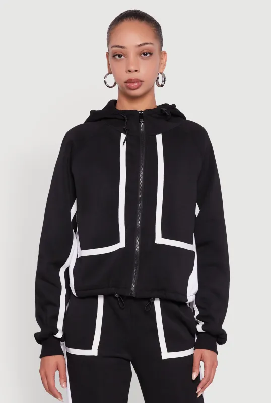 Contrast Trim Zip Front Toggle Drawstring Hoodie sold by Rainbow