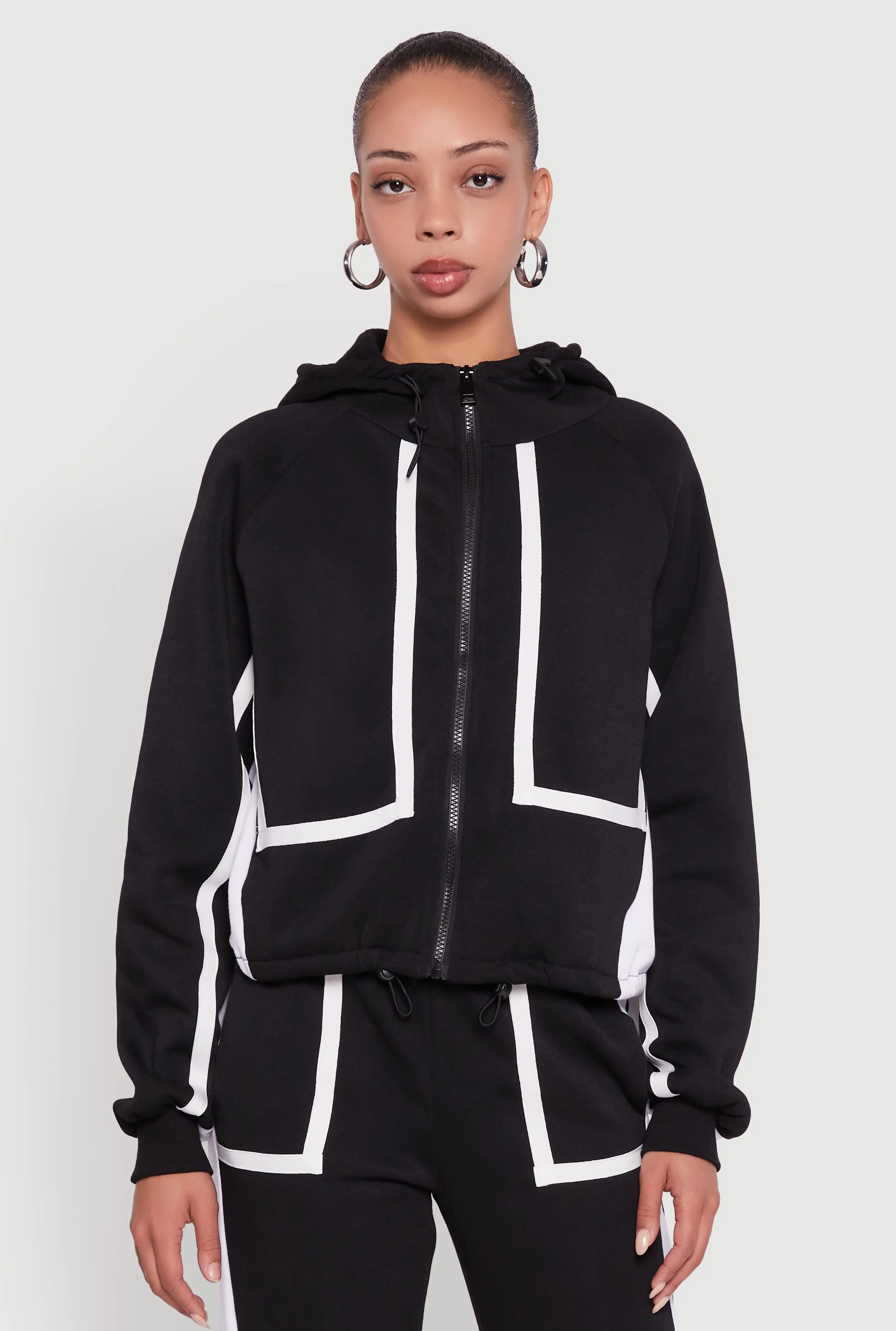 Contrast Trim Zip Front Toggle Drawstring Hoodie sold by Rainbow