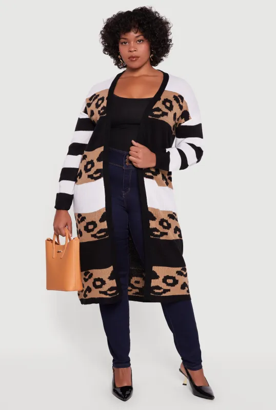 Plus Size Color Block Animal Print Open Front Long Cardigan sold by Rainbow