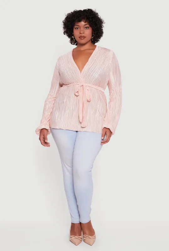 Plus Size Plisse Long Sleeve Tie Waist Wrap Top sold by Rainbow