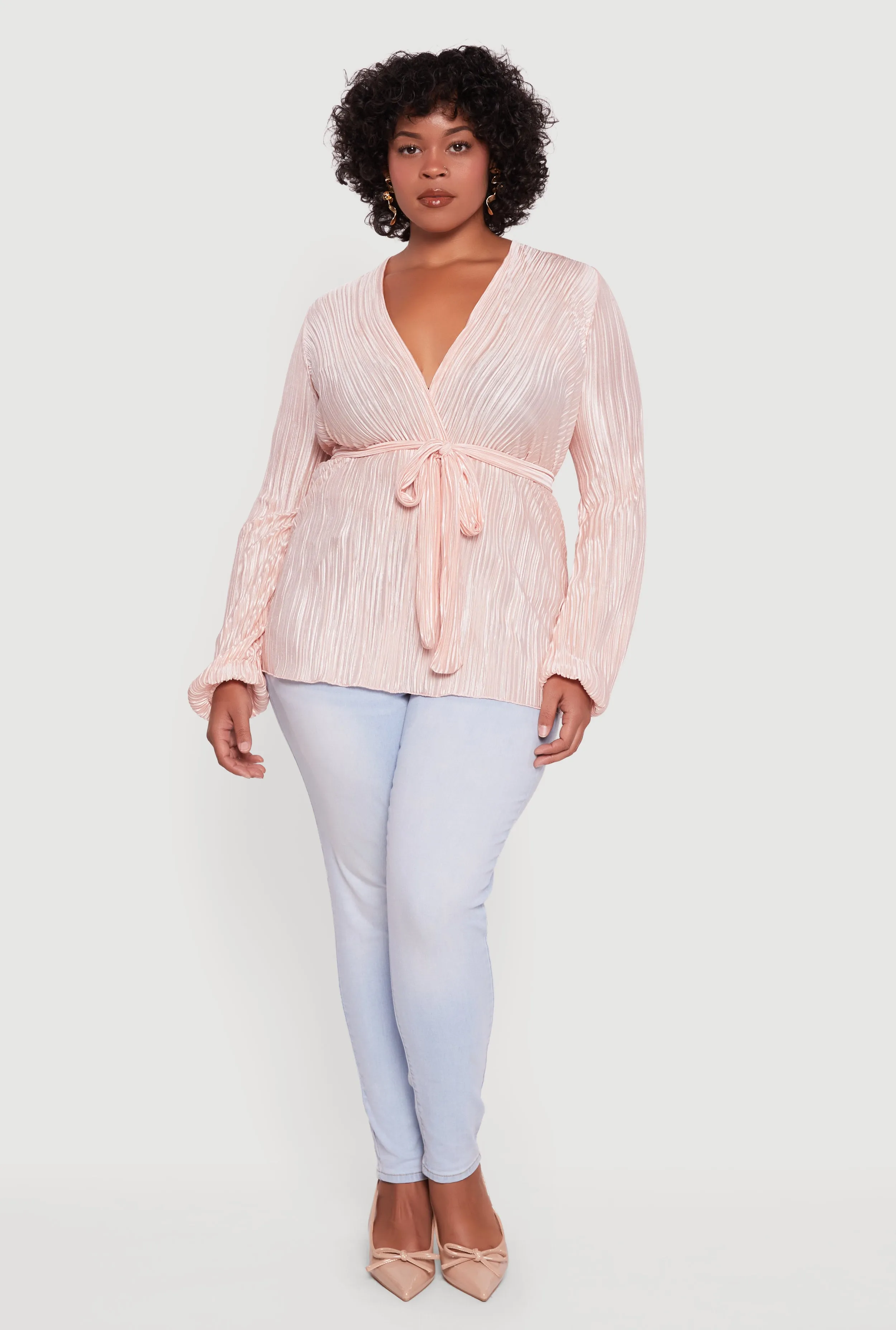 Plus Size Plisse Long Sleeve Tie Waist Wrap Top sold by Rainbow