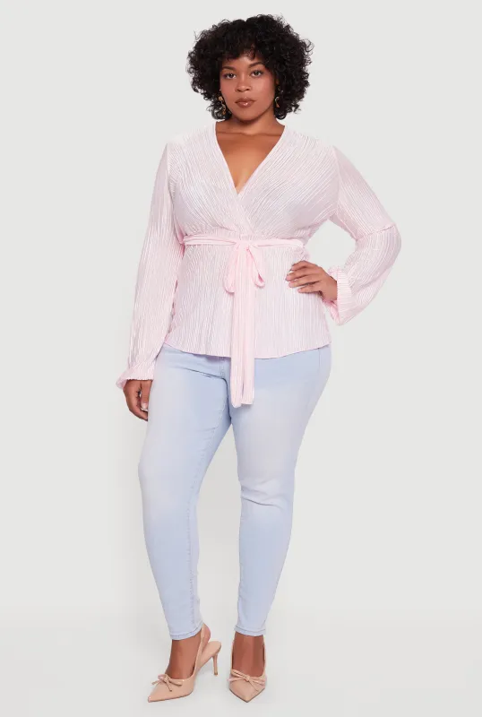 Plus Size Plisse Long Sleeve Tie Waist Wrap Top sold by Rainbow