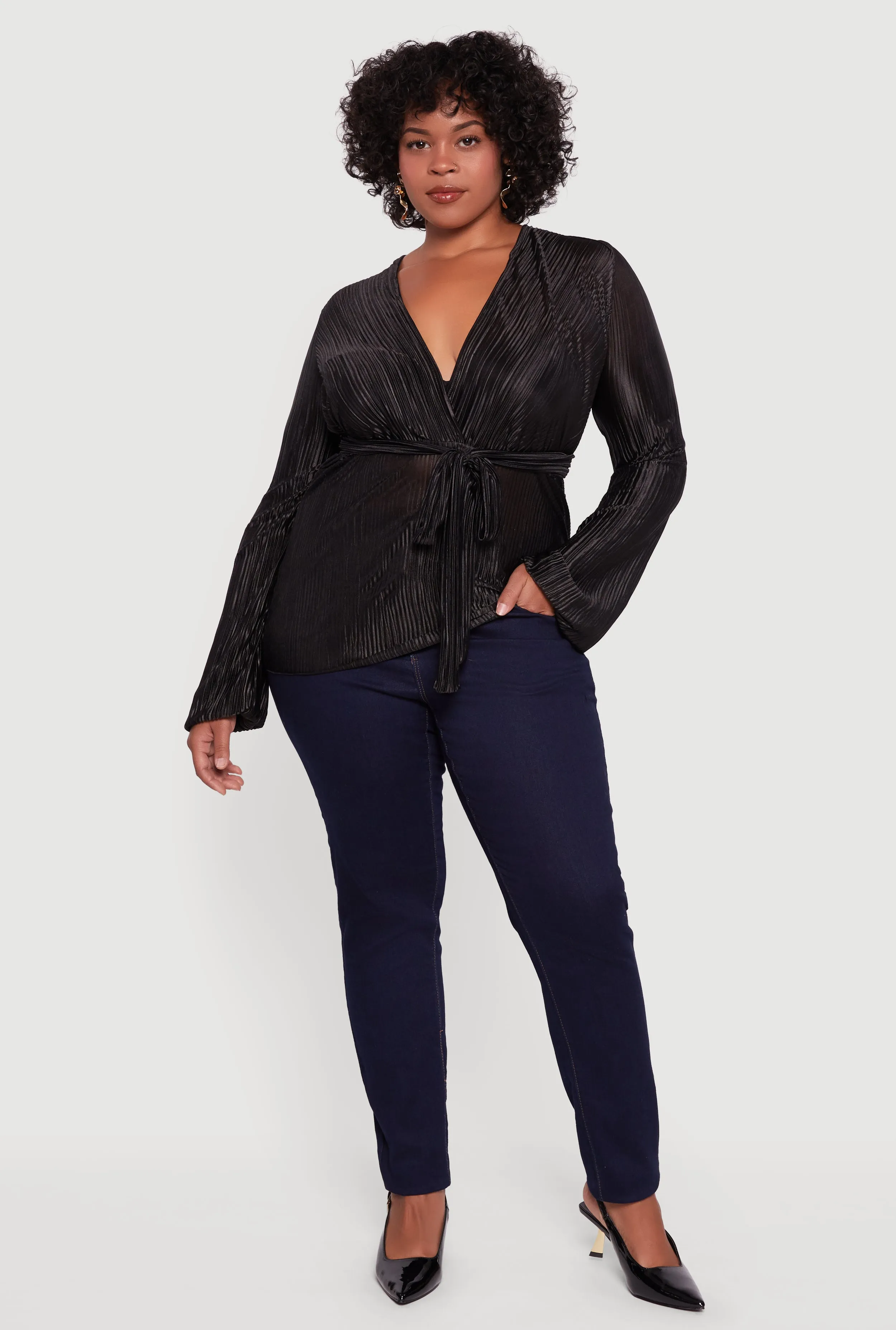 Plus Size Plisse Long Sleeve Tie Waist Wrap Top sold by Rainbow