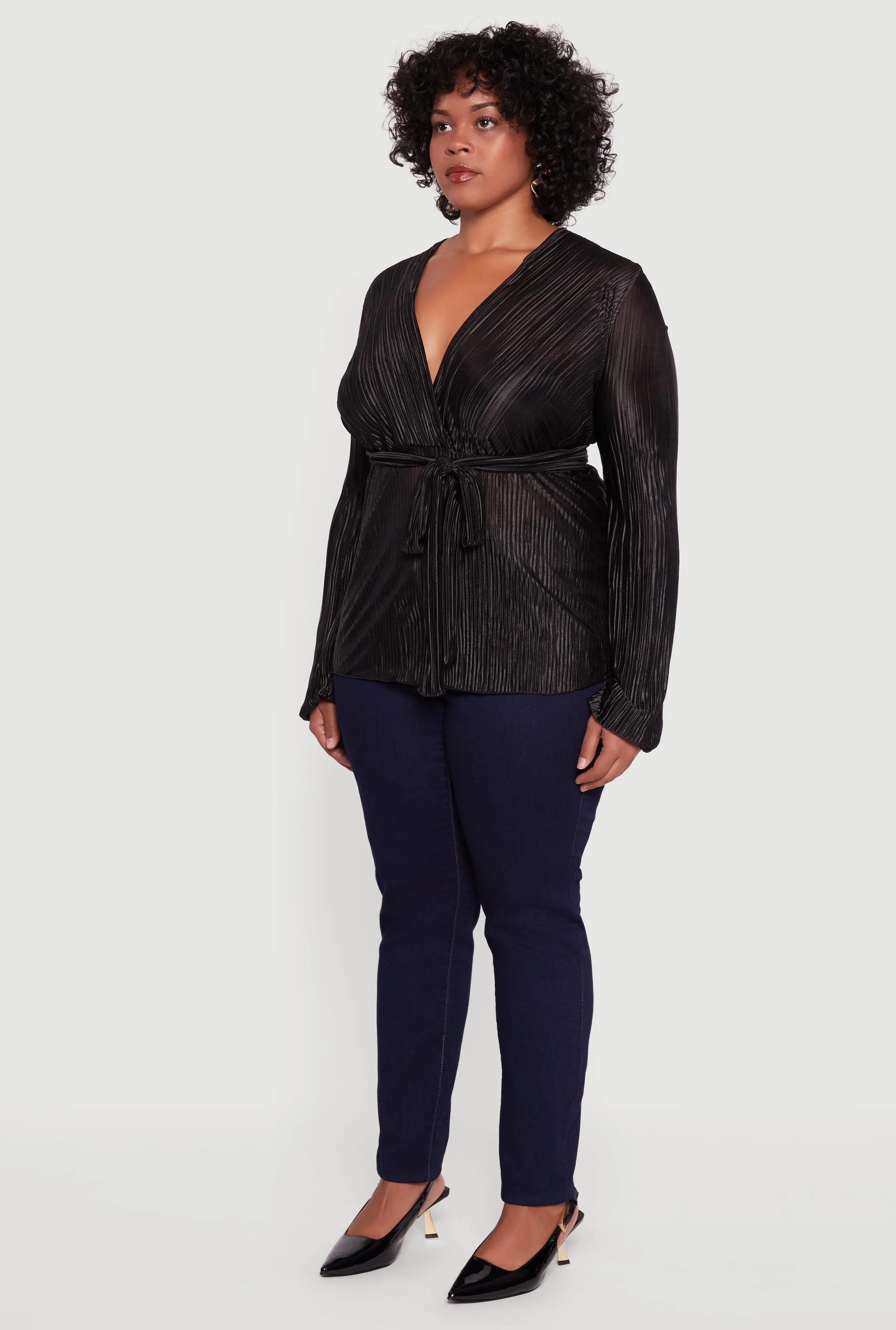 Plus Size Plisse Long Sleeve Tie Waist Wrap Top sold by Rainbow product image thumbnail 5