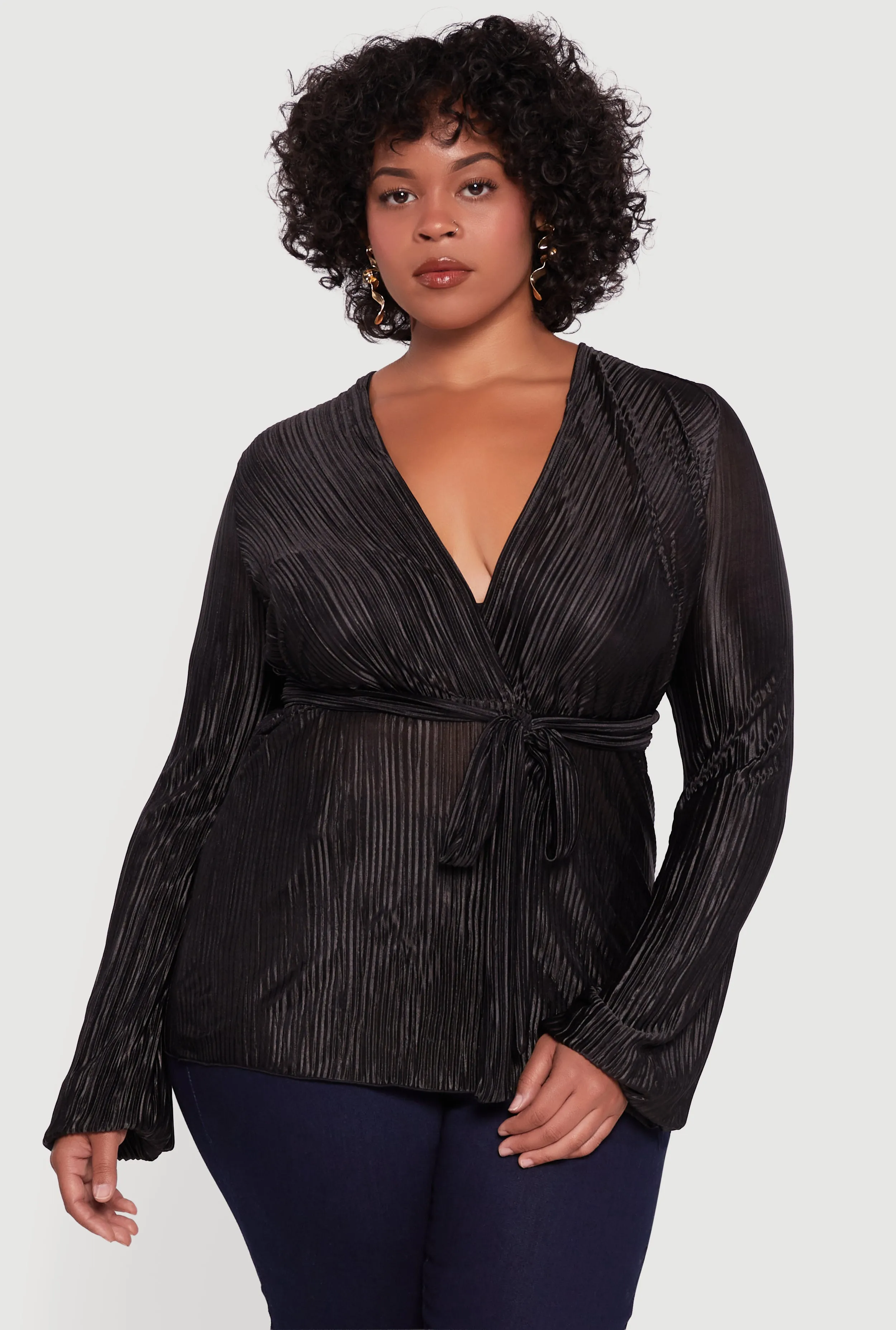Plus Size Plisse Long Sleeve Tie Waist Wrap Top sold by Rainbow product image thumbnail 2