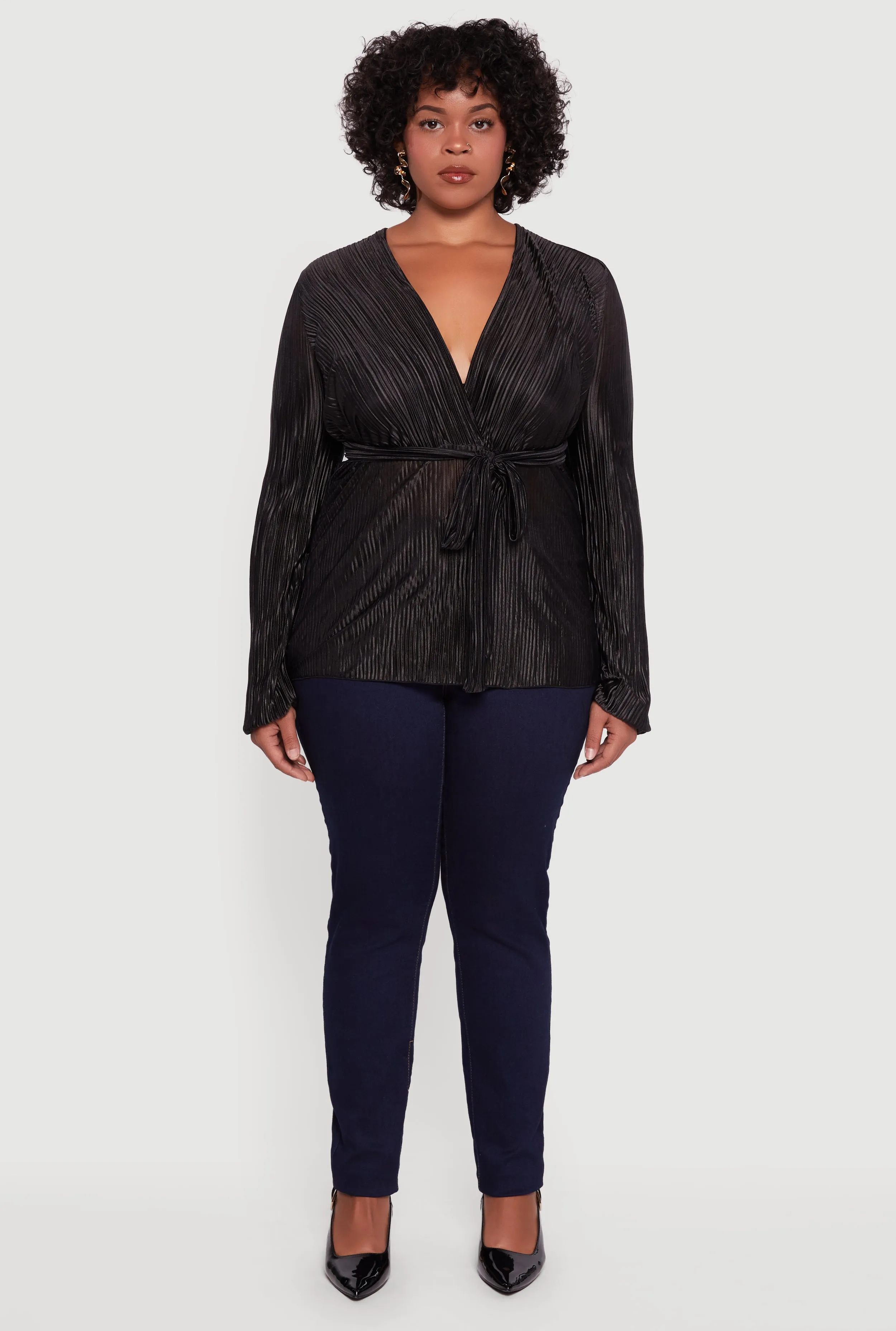 Plus Size Plisse Long Sleeve Tie Waist Wrap Top sold by Rainbow product image thumbnail 3