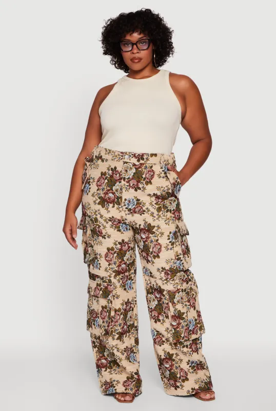 Plus Size Marled Floral Print High Waisted Cargo Pants sold by Rainbow