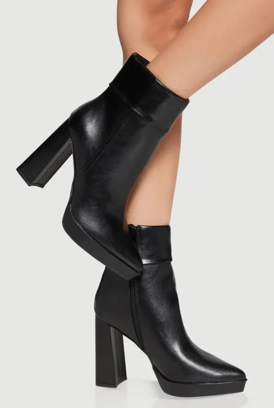 Fixed Cuff Detail Pointed Toe Block Heel Booties sold by Rainbow