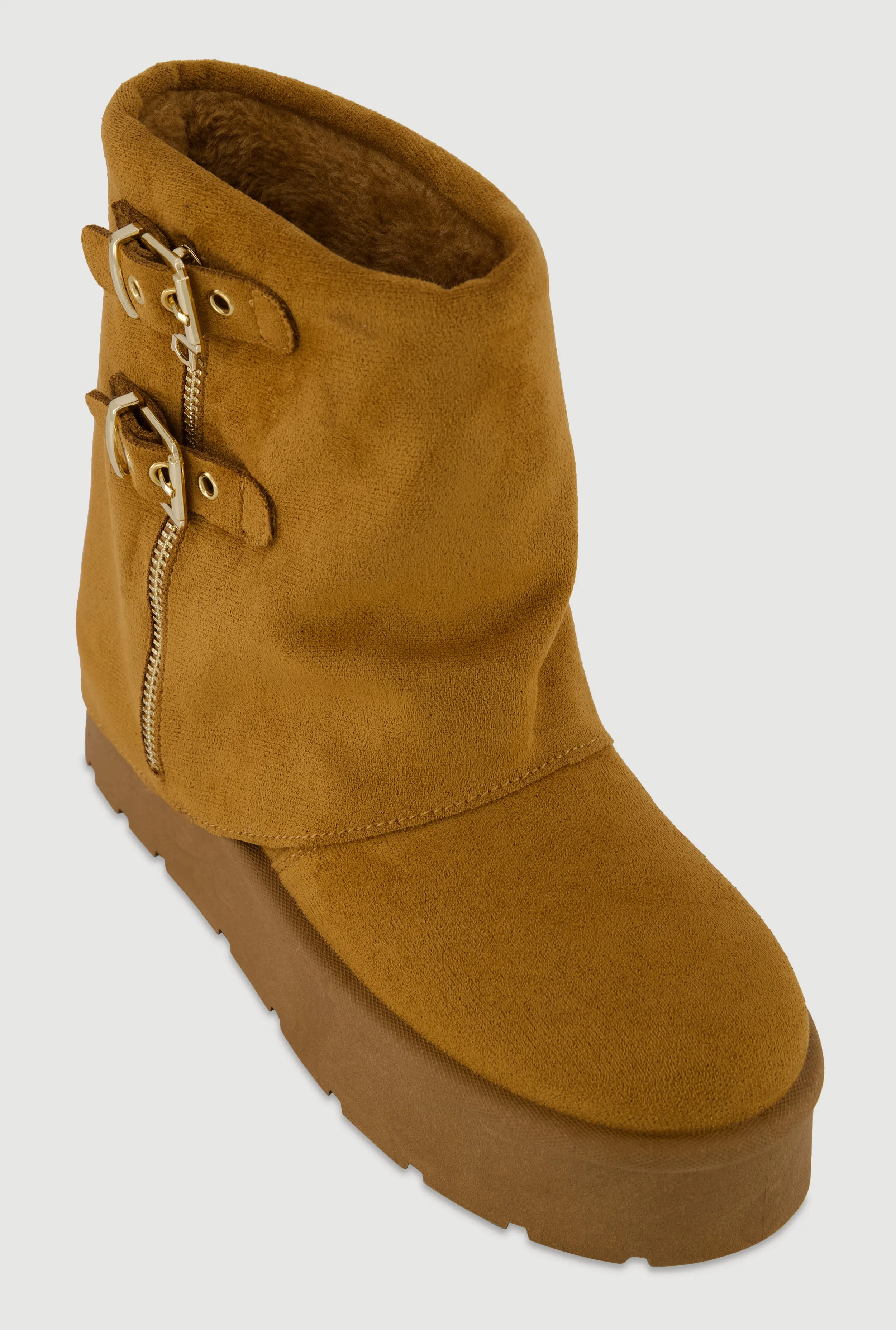 Faux Suede Platform Ankle Boots with Buckles and Zip Detail sold by Rainbow