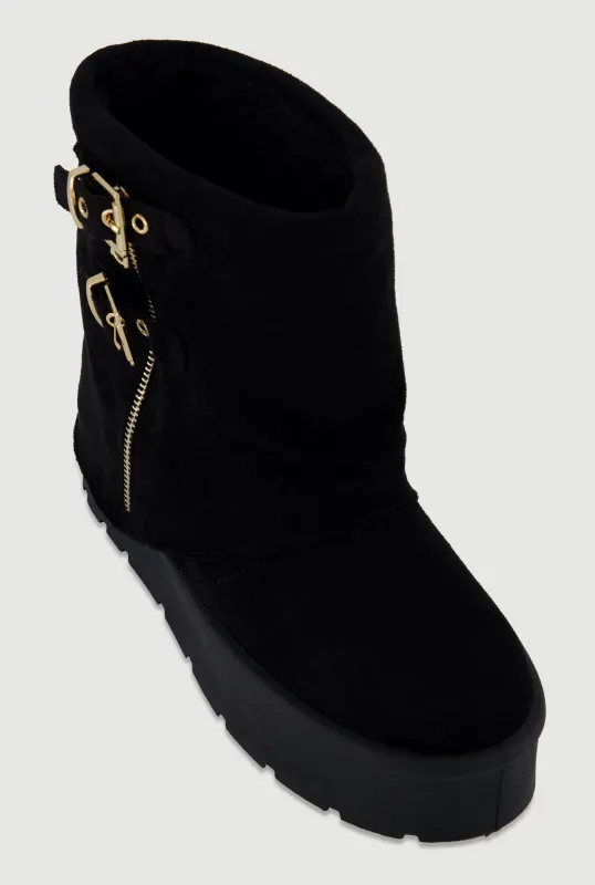 Faux Suede Platform Ankle Boots with Buckles and Zip Detail sold by Rainbow