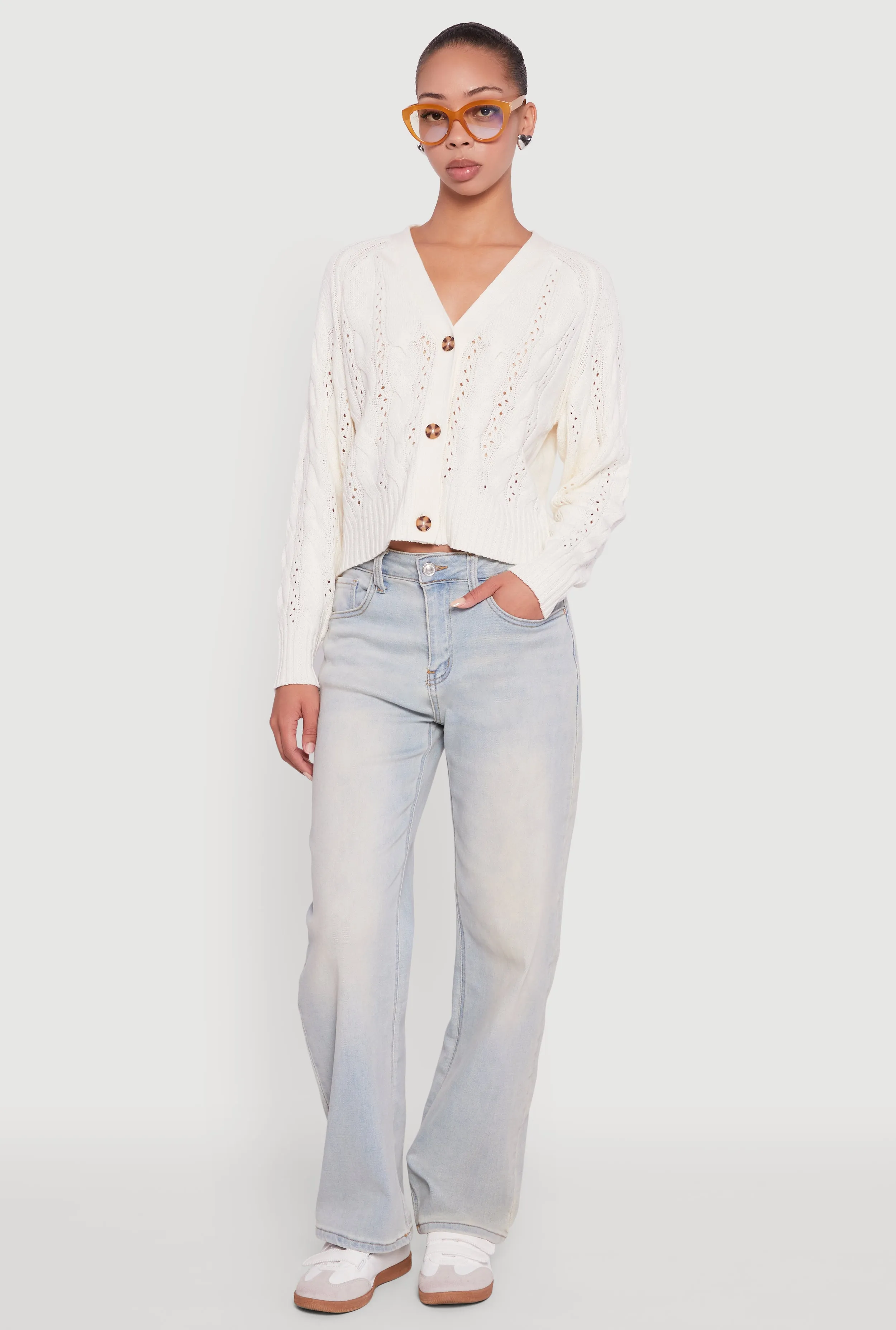 Pointelle Detail Cable Knit Button Front Cardigan sold by Rainbow