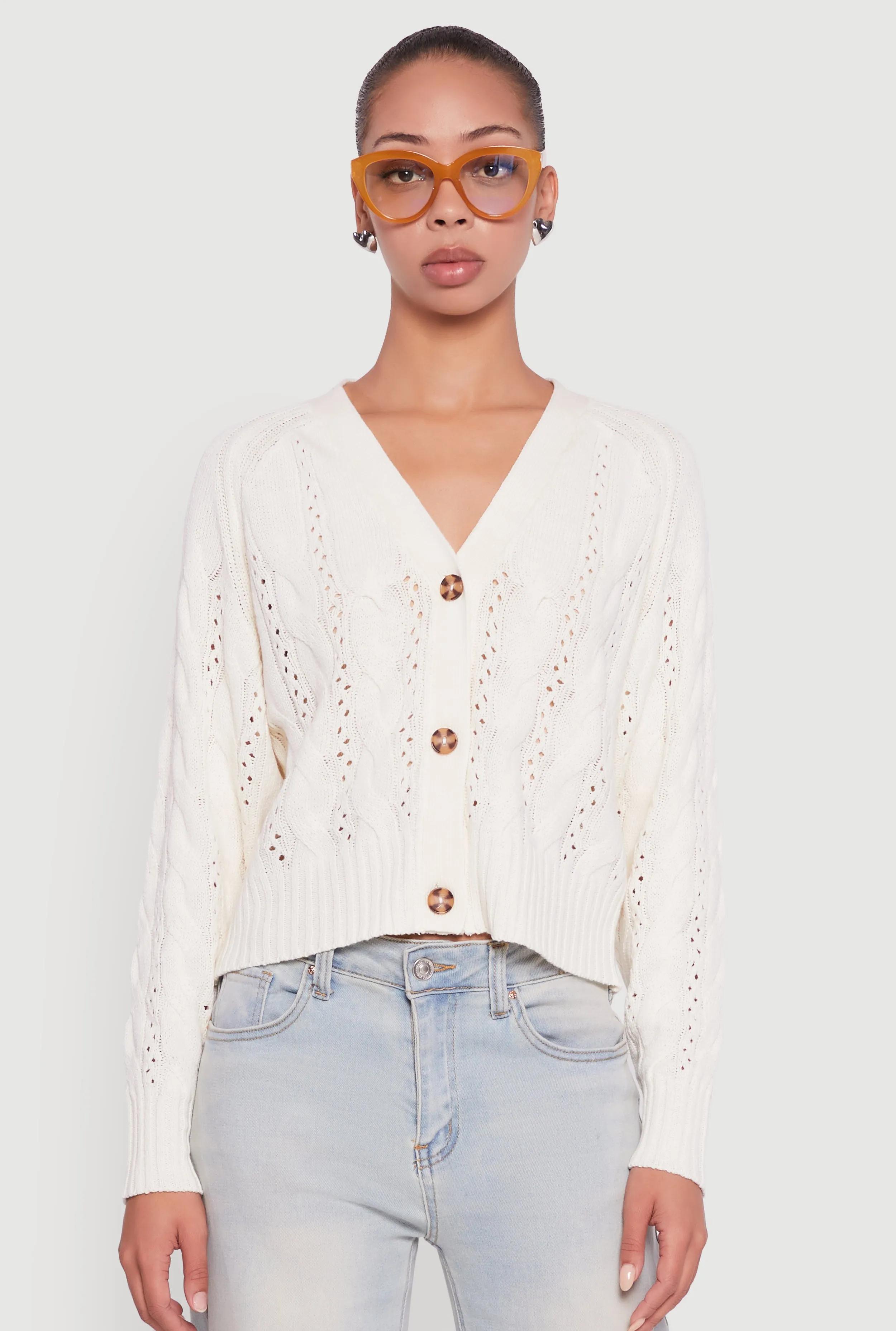 Pointelle Detail Cable Knit Button Front Cardigan sold by Rainbow product image thumbnail 2