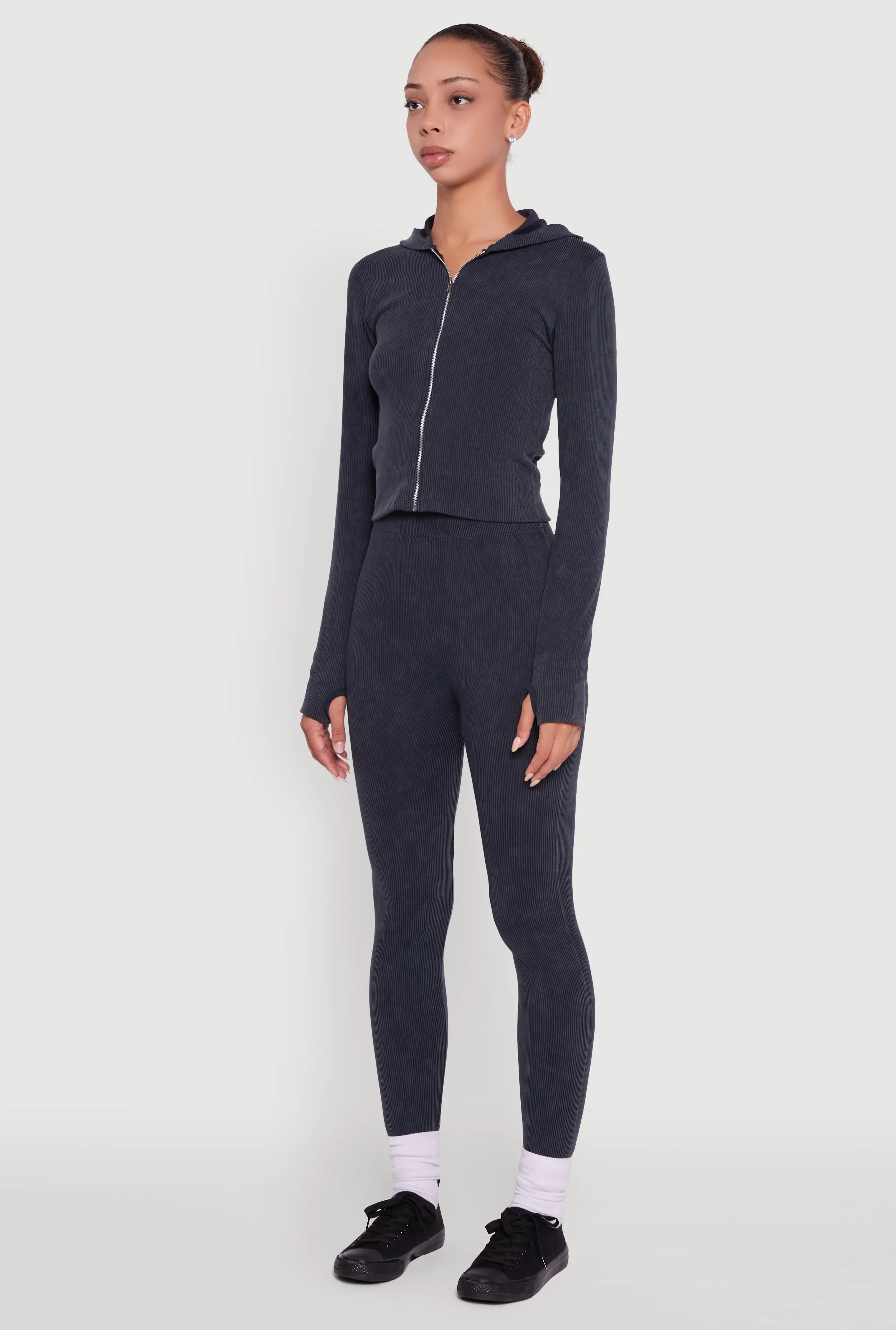 Acid Wash Ribbed Knit Hoodie with Thumb Holes sold by Rainbow product image thumbnail 5