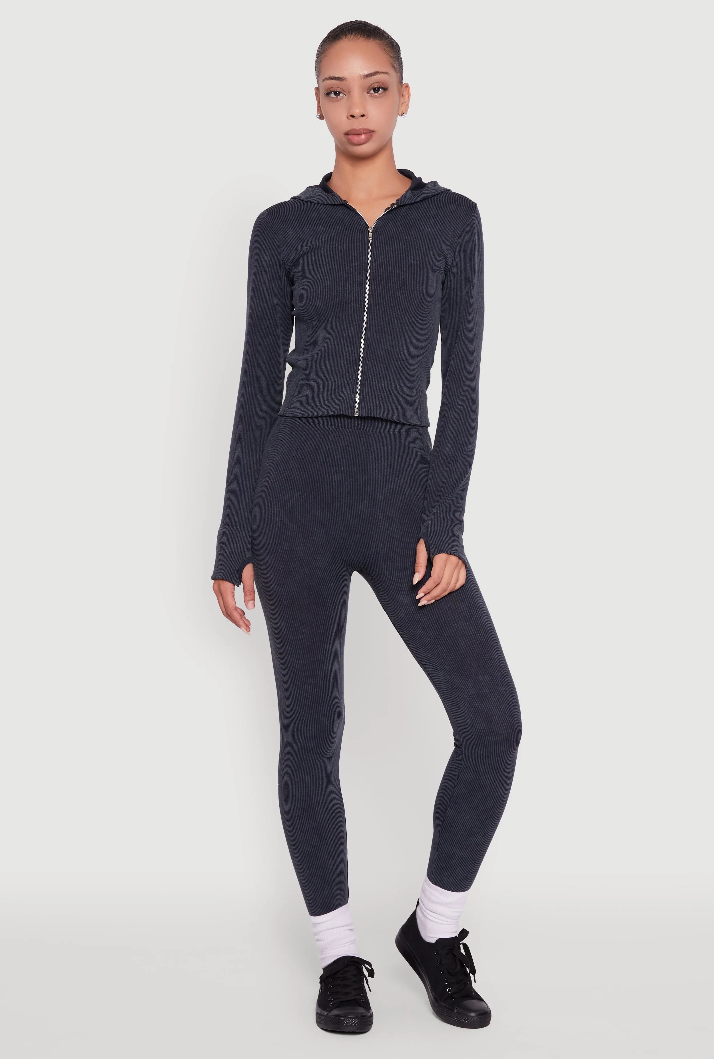 Acid Wash Ribbed Knit Hoodie with Thumb Holes sold by Rainbow product image thumbnail 2