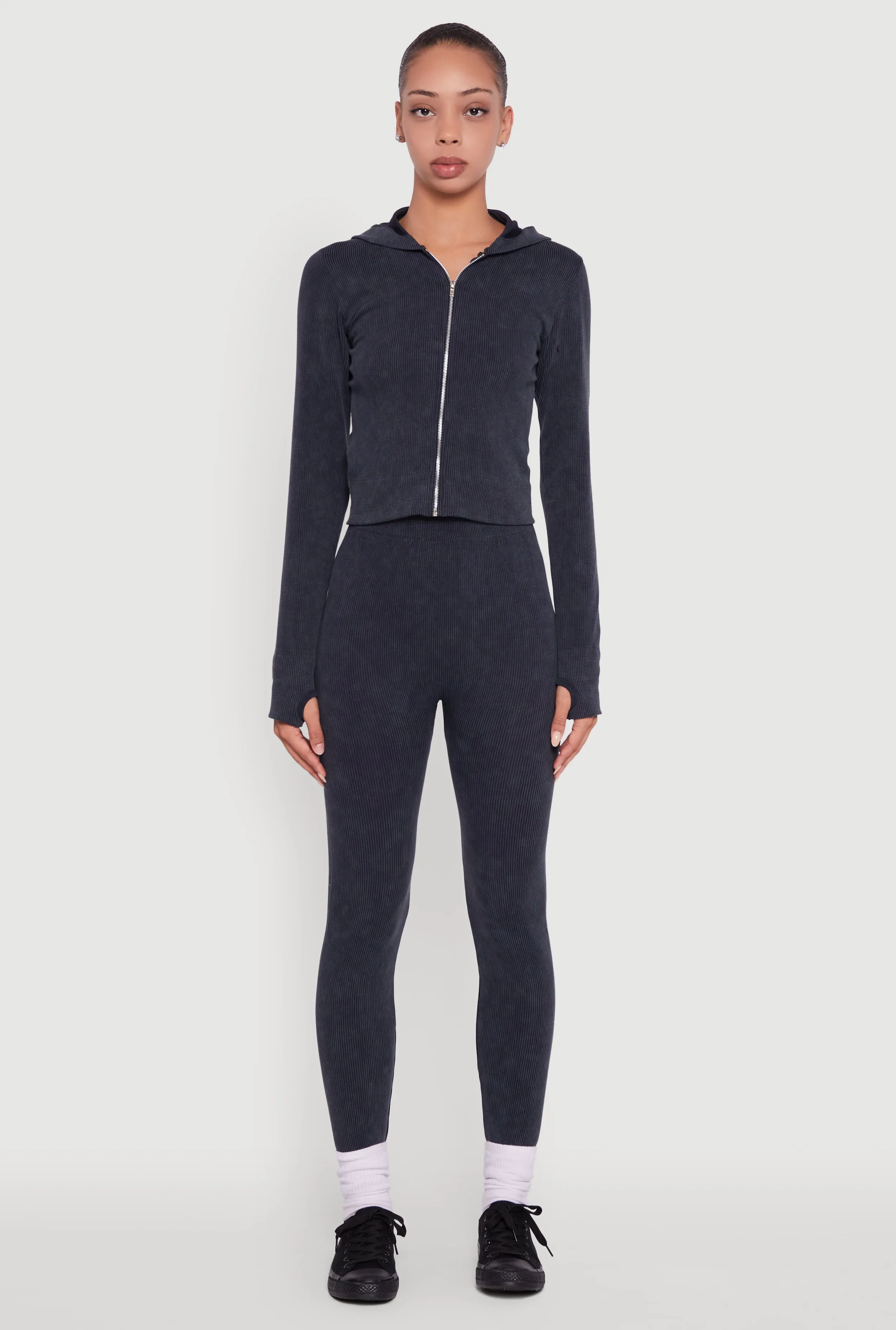 Acid Wash Ribbed Knit Hoodie with Thumb Holes sold by Rainbow product image thumbnail 3