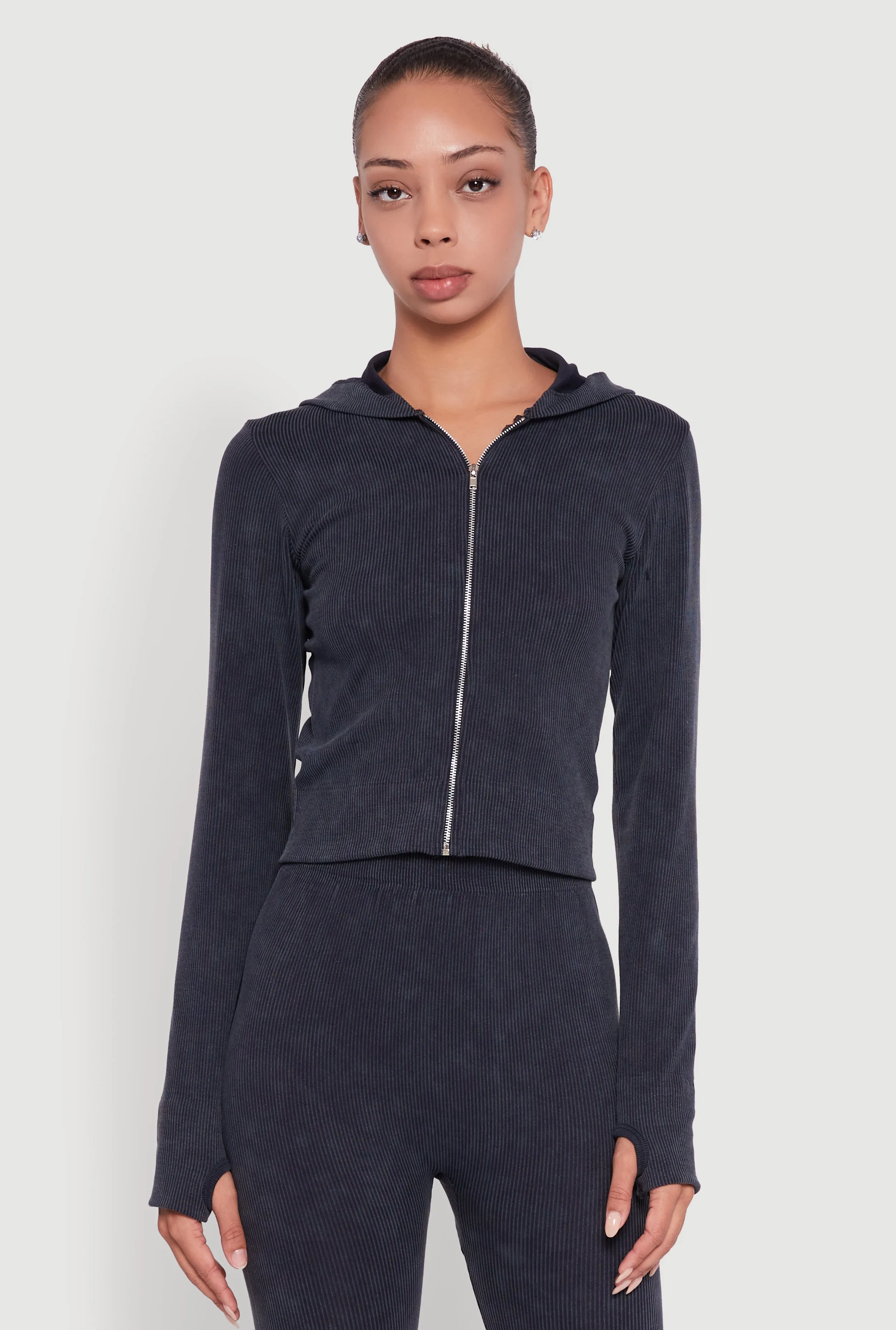 Acid Wash Ribbed Knit Hoodie with Thumb Holes sold by Rainbow