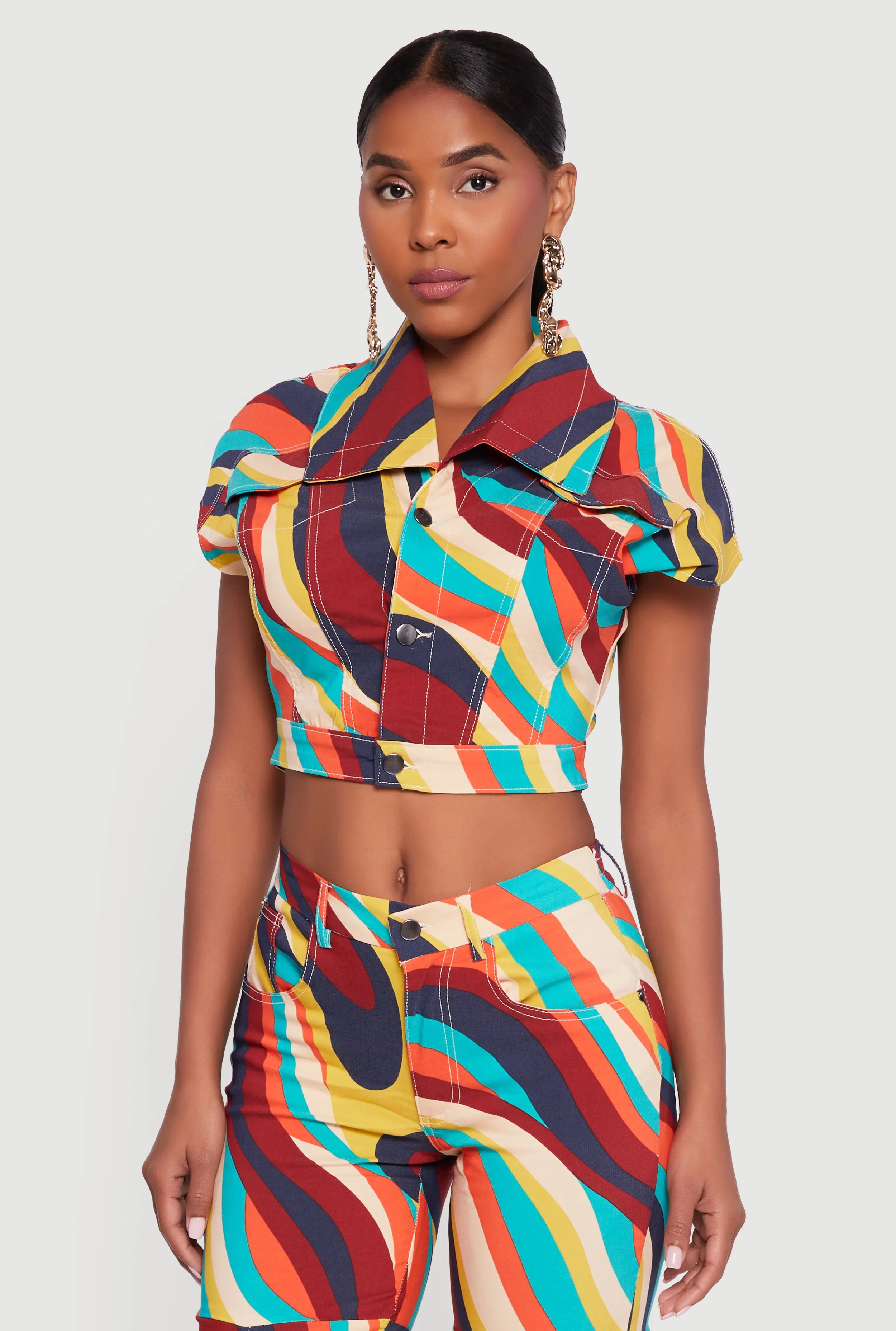 Color Blocked Button Front Cap Sleeve Cropped Jacket sold by Rainbow