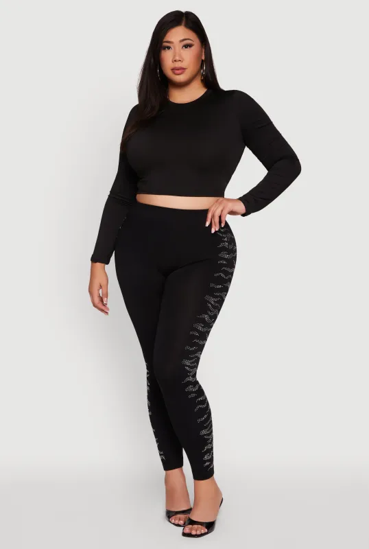 Plus Size High Waisted Side Rhinestone Leggings sold by Rainbow