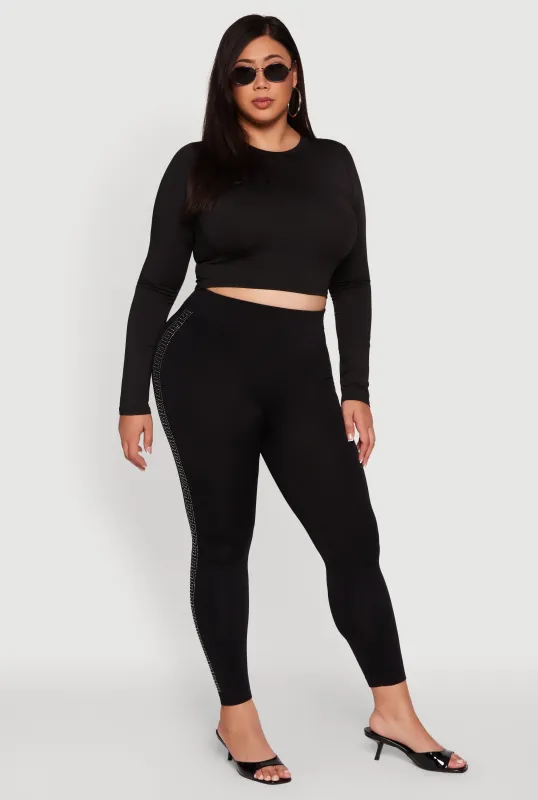 Plus Size High Waisted Side Rhinestone Greek Key Leggings sold by Rainbow