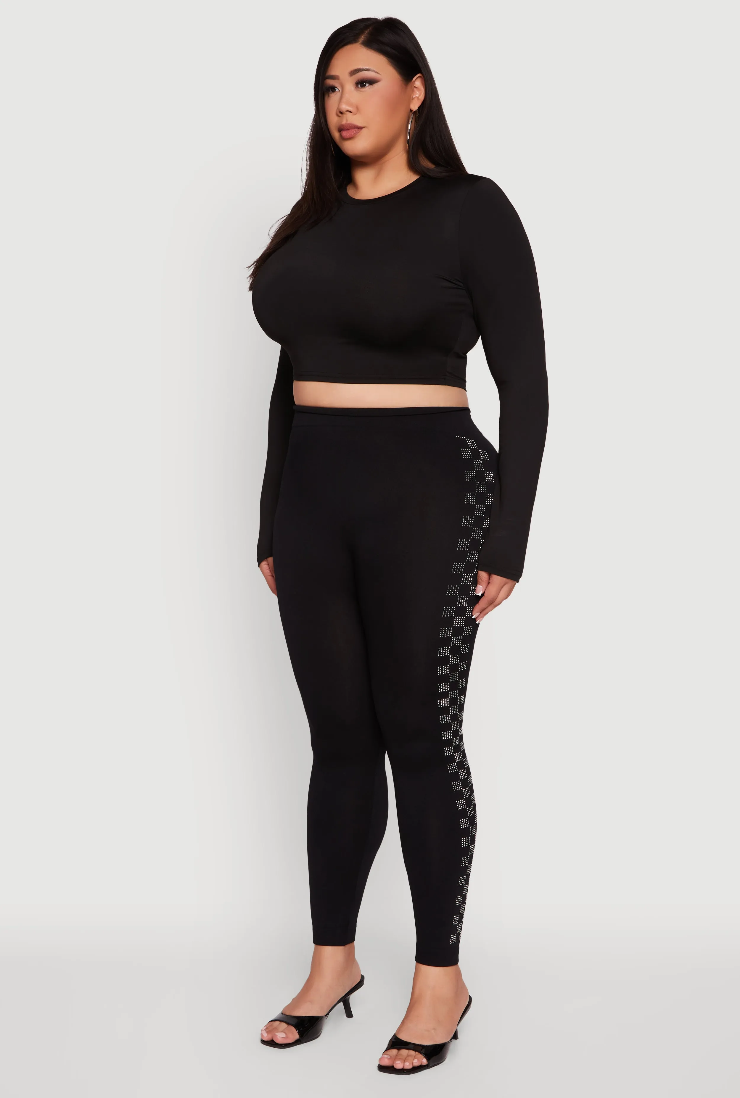 Plus Size High Waisted Side Rhinestone Checkered Leggings sold by Rainbow product image thumbnail 3