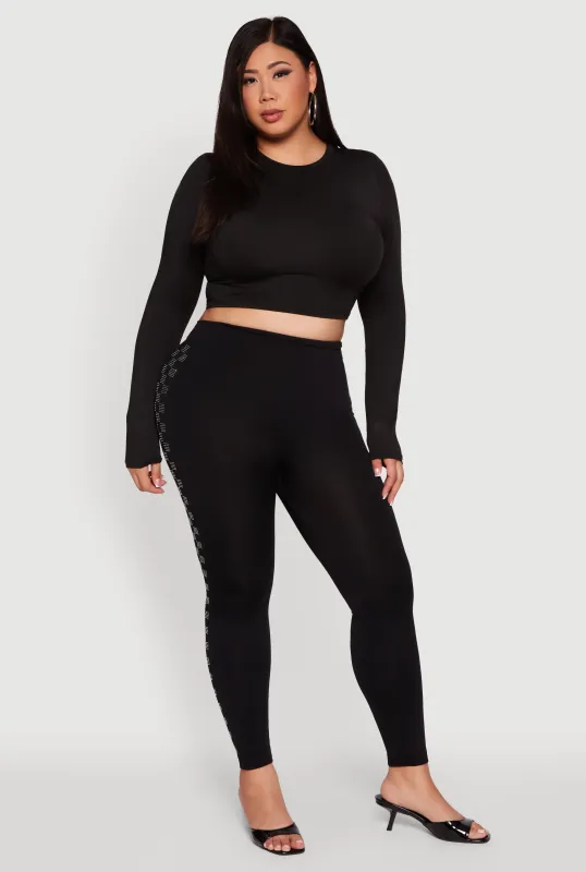 Plus Size High Waisted Side Rhinestone Checkered Leggings sold by Rainbow