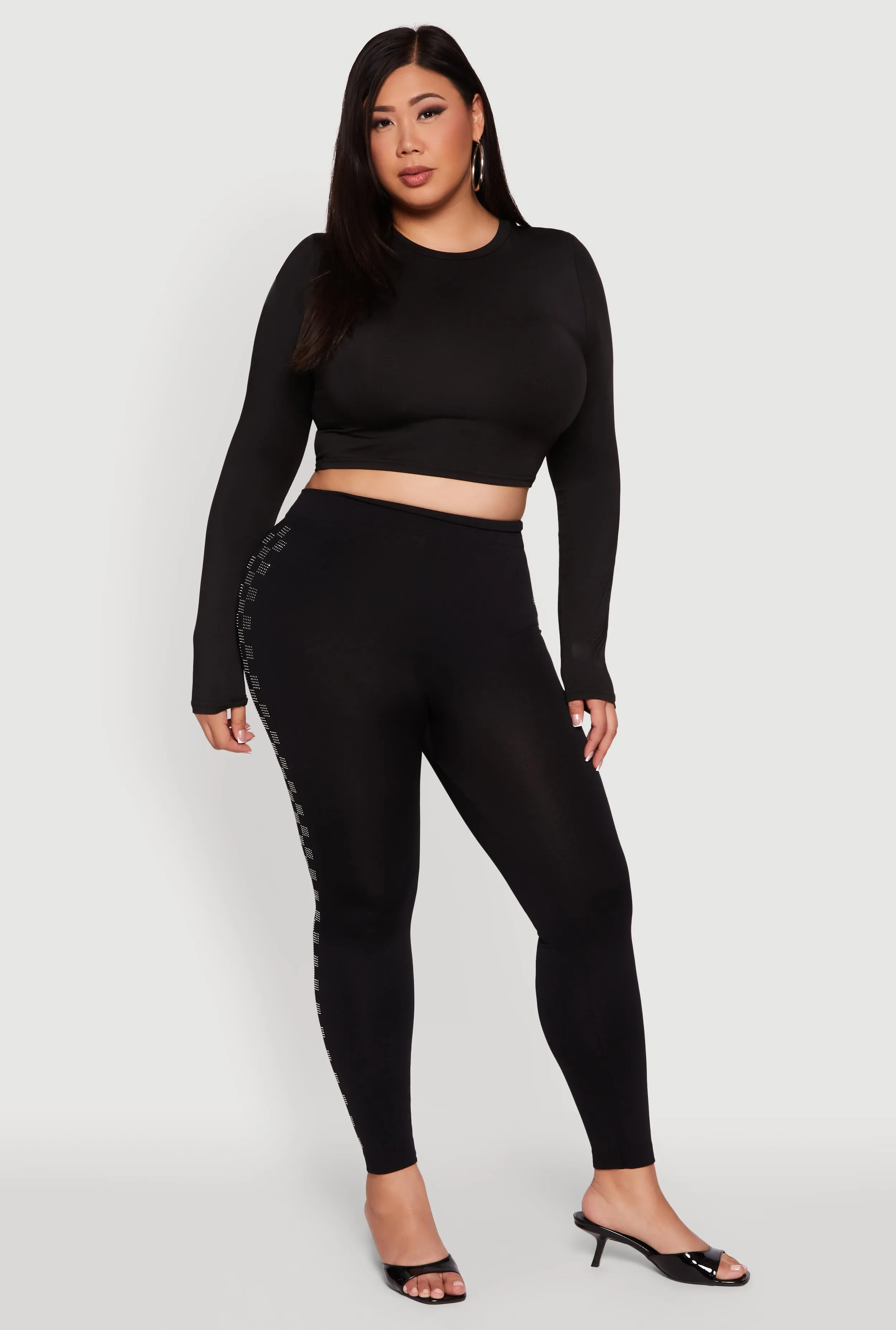 Plus Size High Waisted Side Rhinestone Checkered Leggings sold by Rainbow