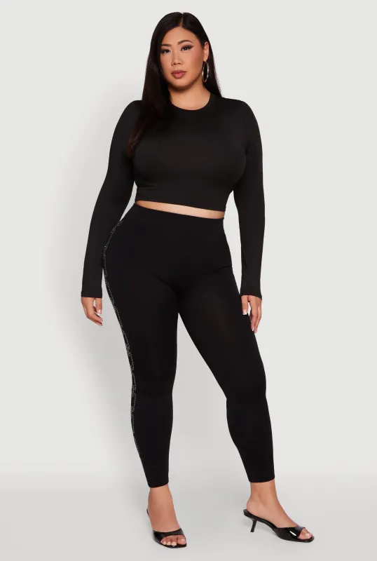 Plus Size High Waisted Side Rhinestone Chain Link Leggings sold by Rainbow