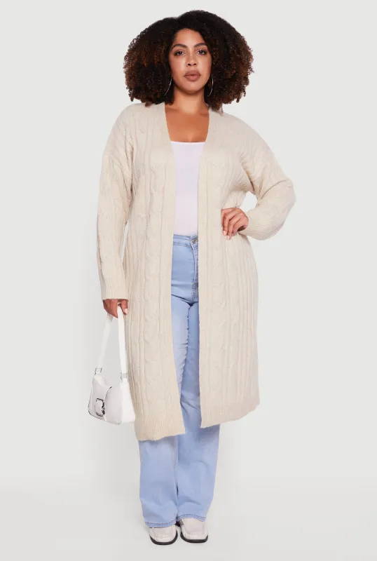 Plus Size Cable Knit Open Front Long Cardigan sold by Rainbow