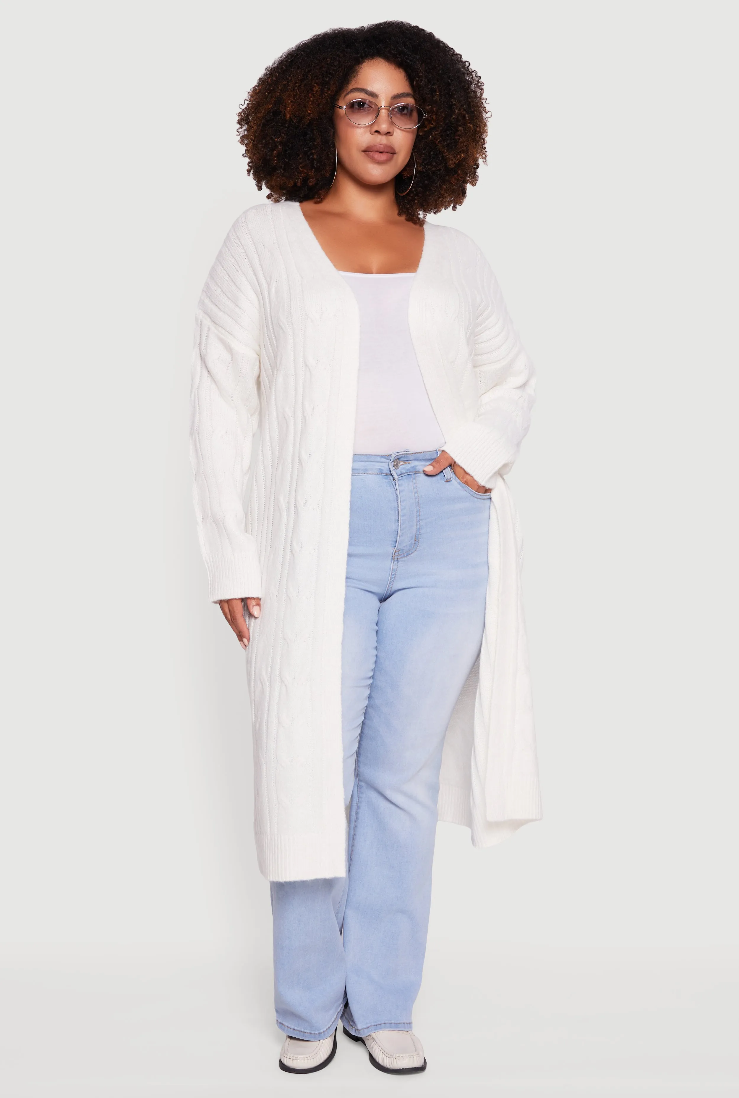 Plus Size Cable Knit Open Front Long Cardigan sold by Rainbow