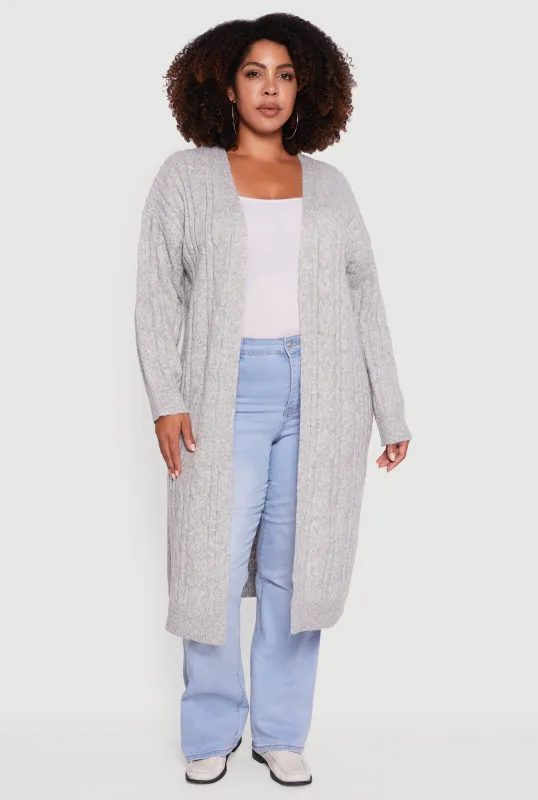 Plus Size Cable Knit Open Front Long Cardigan sold by Rainbow