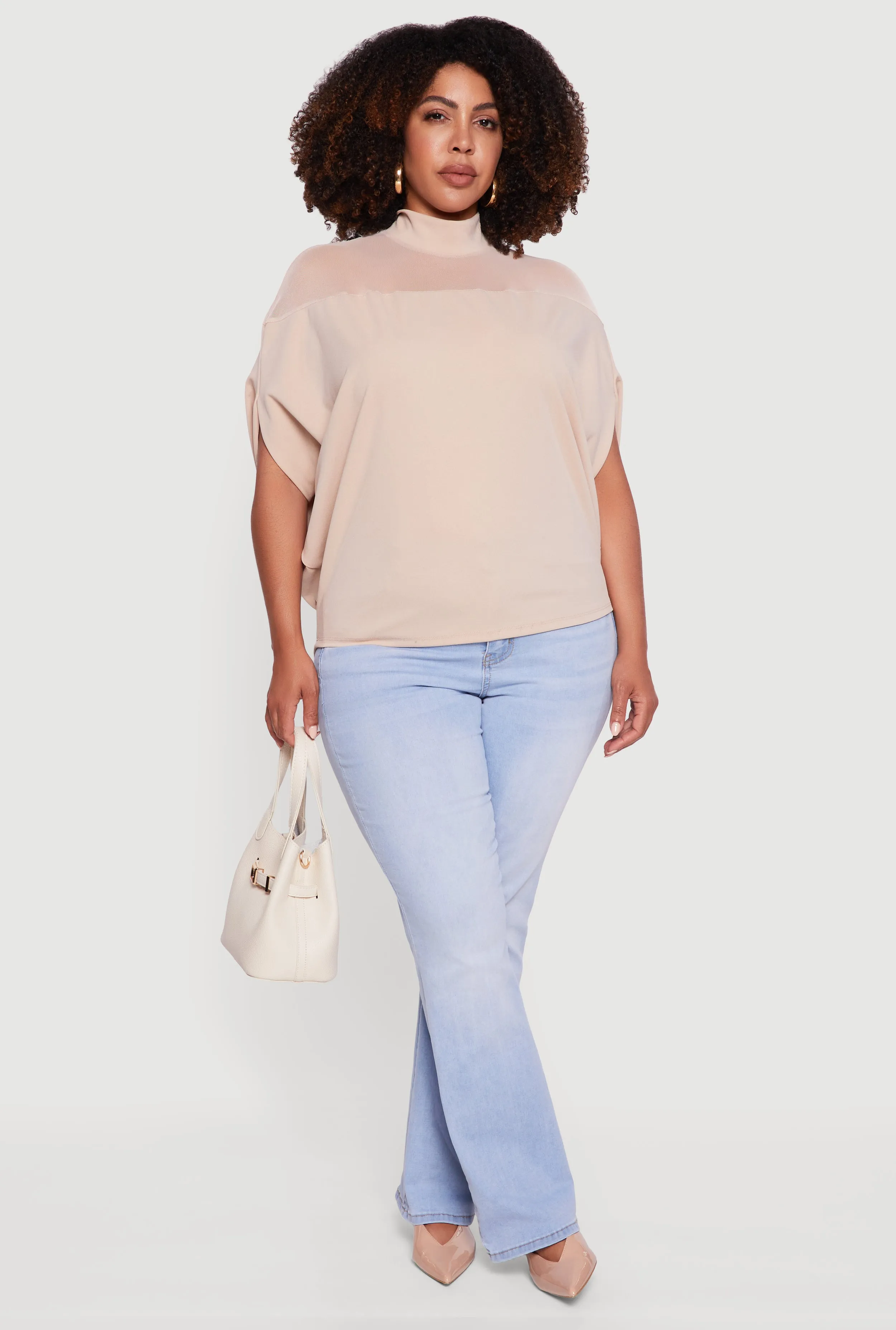 Plus Size Mock Neck Mesh Detail Batwing Sleeve Blouse sold by Rainbow