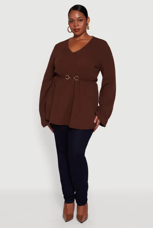 Plus Size Metallic Belted Front V Neck Bell Sleeve Blouse sold by Rainbow