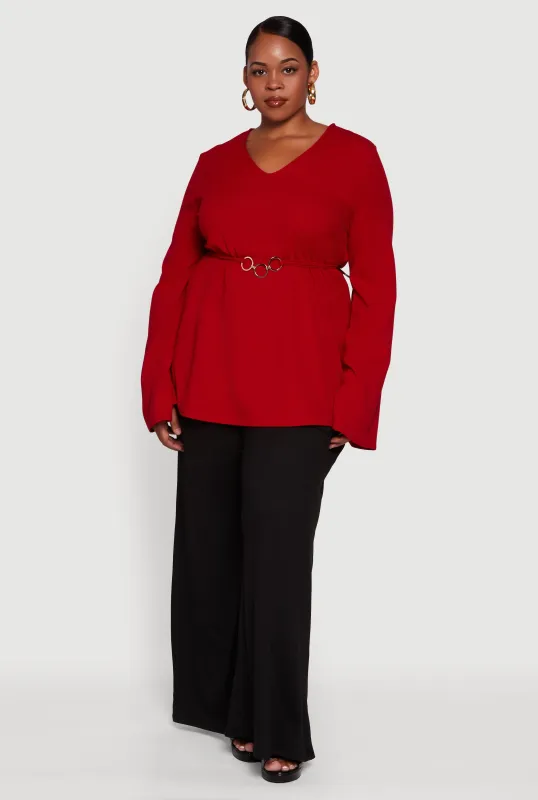 Plus Size Metallic Belted Front V Neck Bell Sleeve Blouse sold by Rainbow
