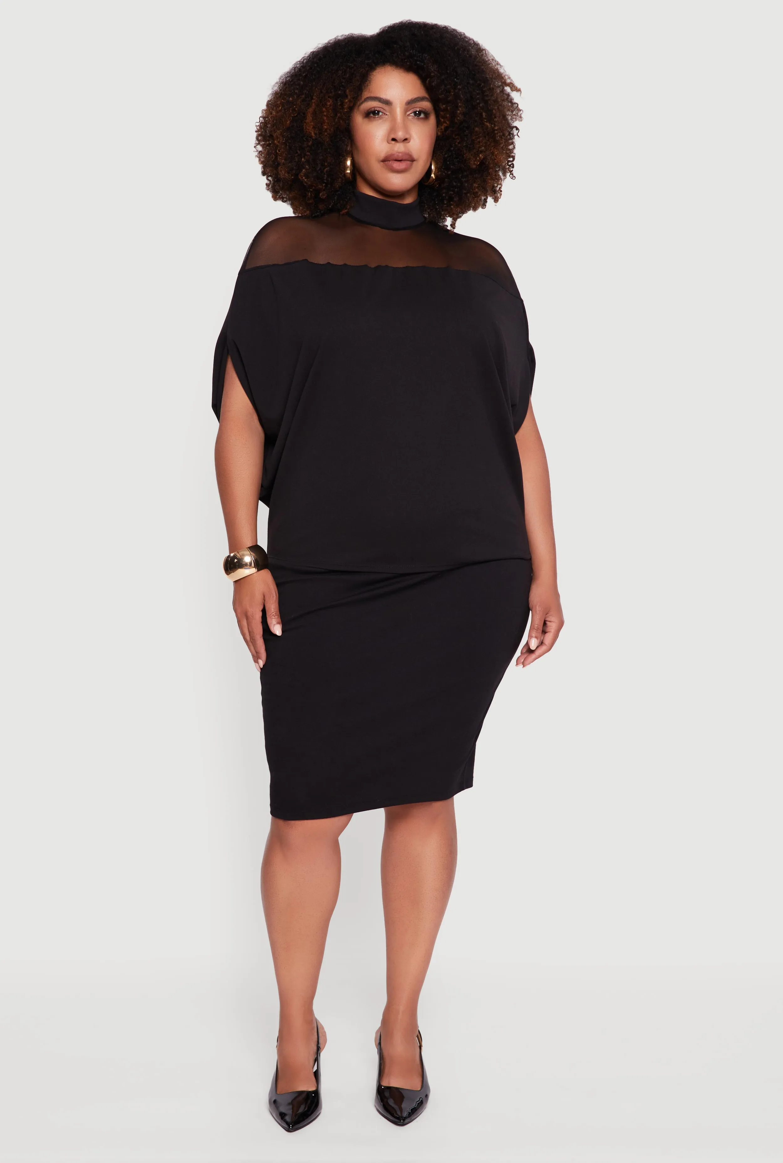 Plus Size Mock Neck Mesh Detail Batwing Sleeve Blouse sold by Rainbow