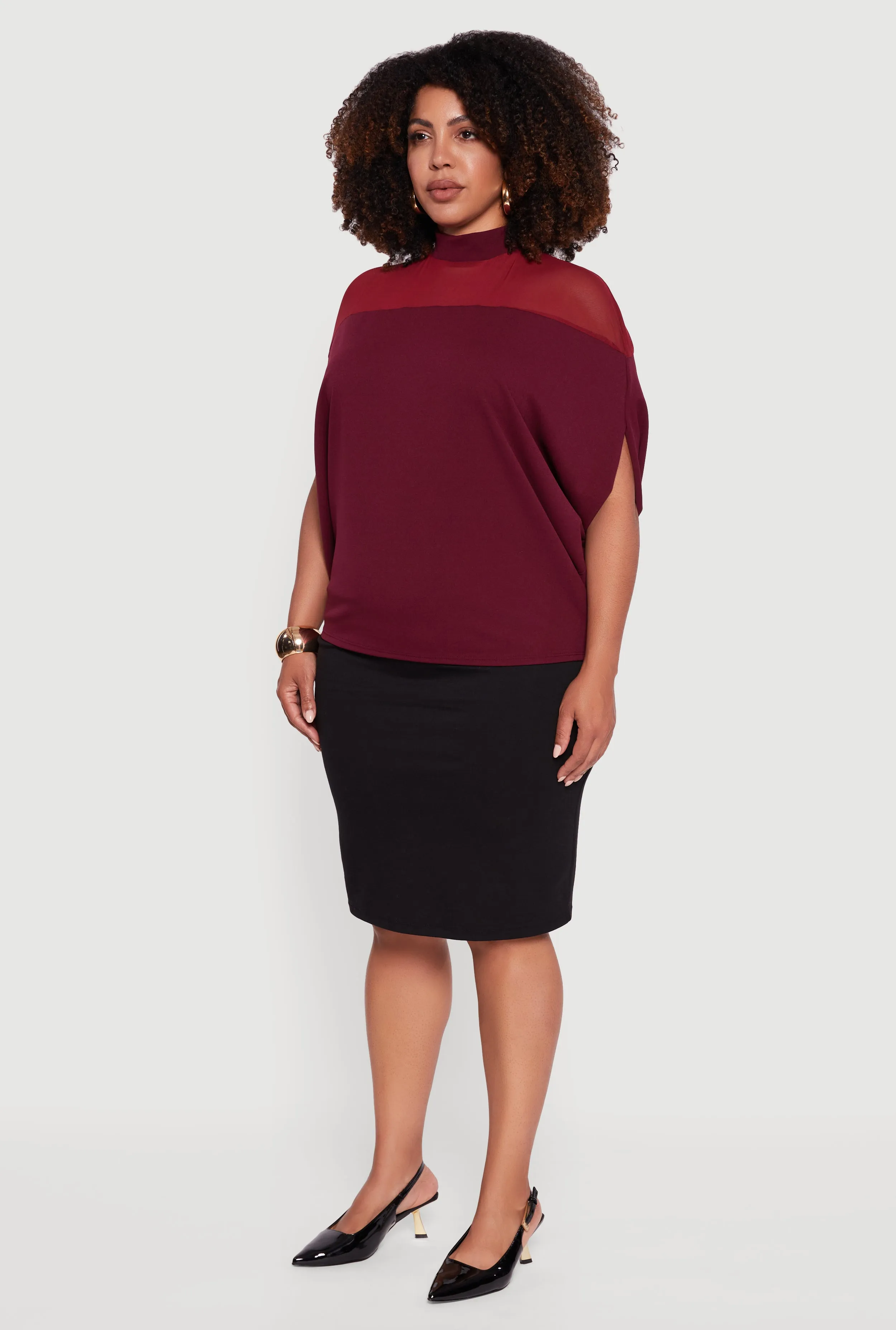 Plus Size Mock Neck Mesh Detail Batwing Sleeve Blouse sold by Rainbow product image thumbnail 5