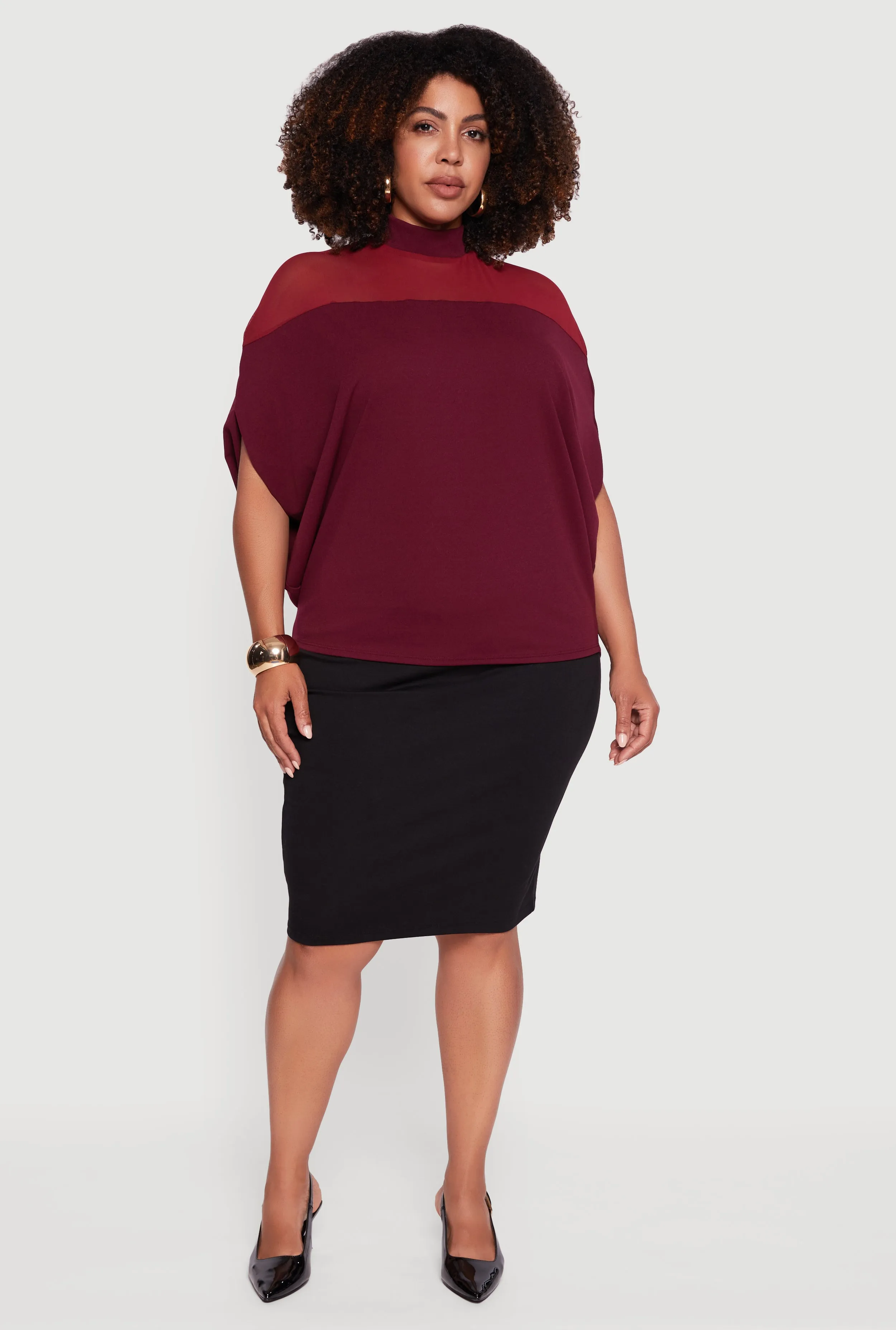 Plus Size Mock Neck Mesh Detail Batwing Sleeve Blouse sold by Rainbow