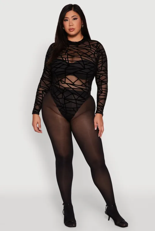 Plus Size Sheer Velvet Burnout Geometric Print Bodysuit sold by Rainbow