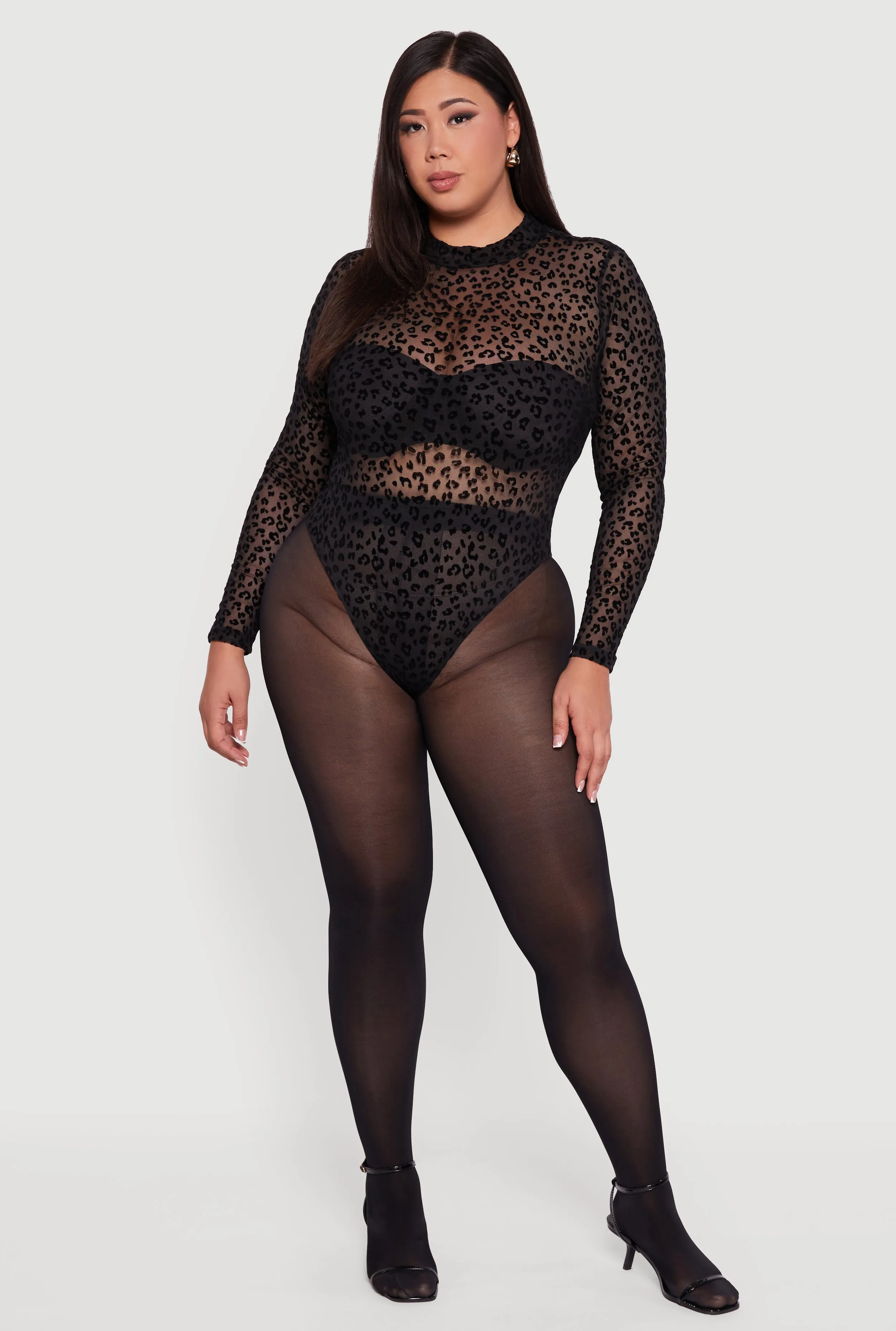 Plus Size Leopard Print Velvet Burnout Mock Neck Bodysuit sold by Rainbow