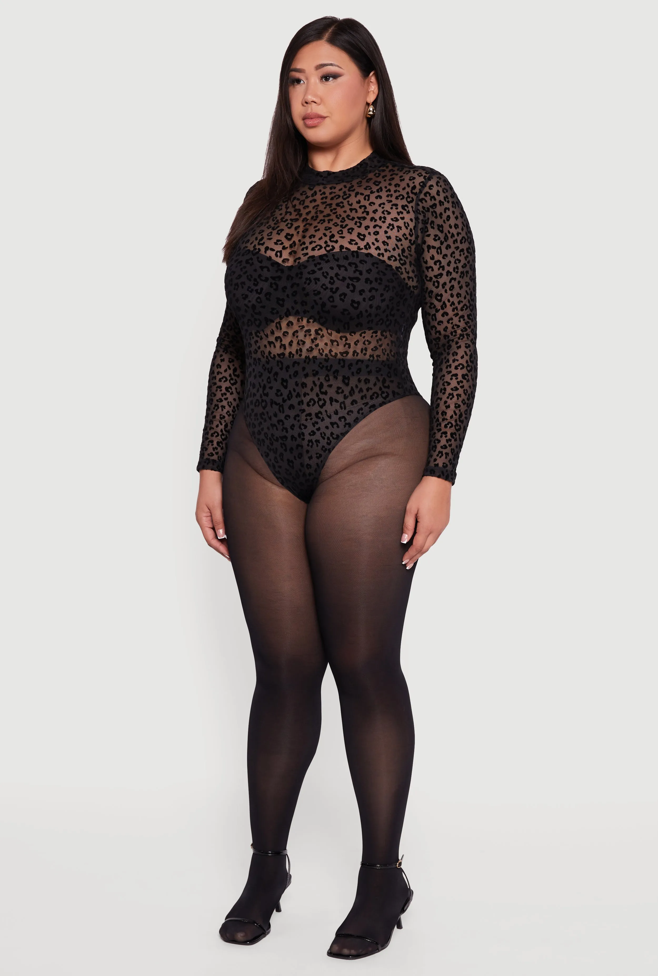 Plus Size Leopard Print Velvet Burnout Mock Neck Bodysuit sold by Rainbow product image thumbnail 5