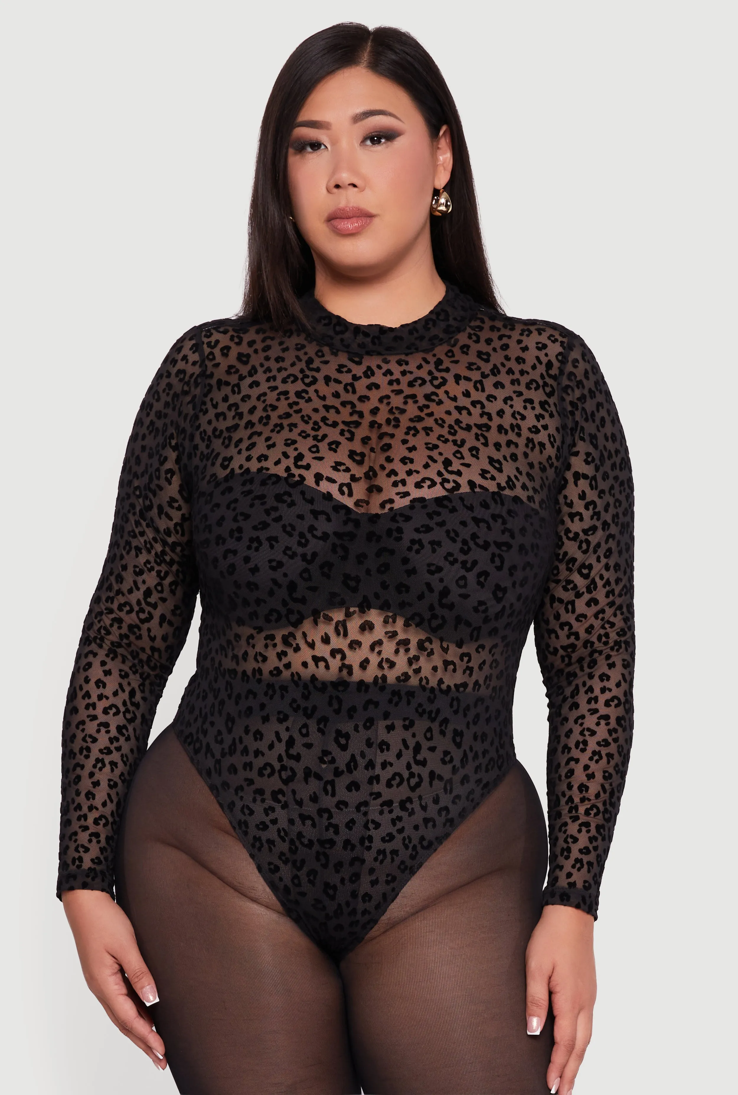 Plus Size Leopard Print Velvet Burnout Mock Neck Bodysuit sold by Rainbow product image thumbnail 2