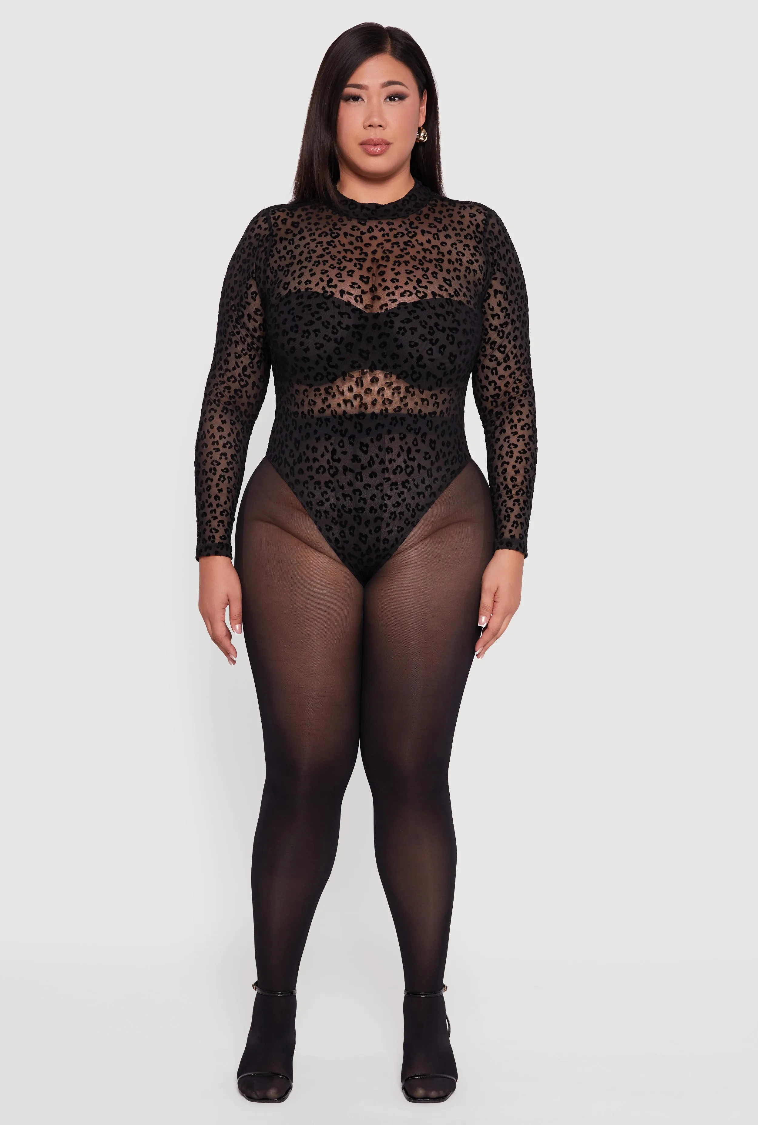 Plus Size Leopard Print Velvet Burnout Mock Neck Bodysuit sold by Rainbow product image thumbnail 3