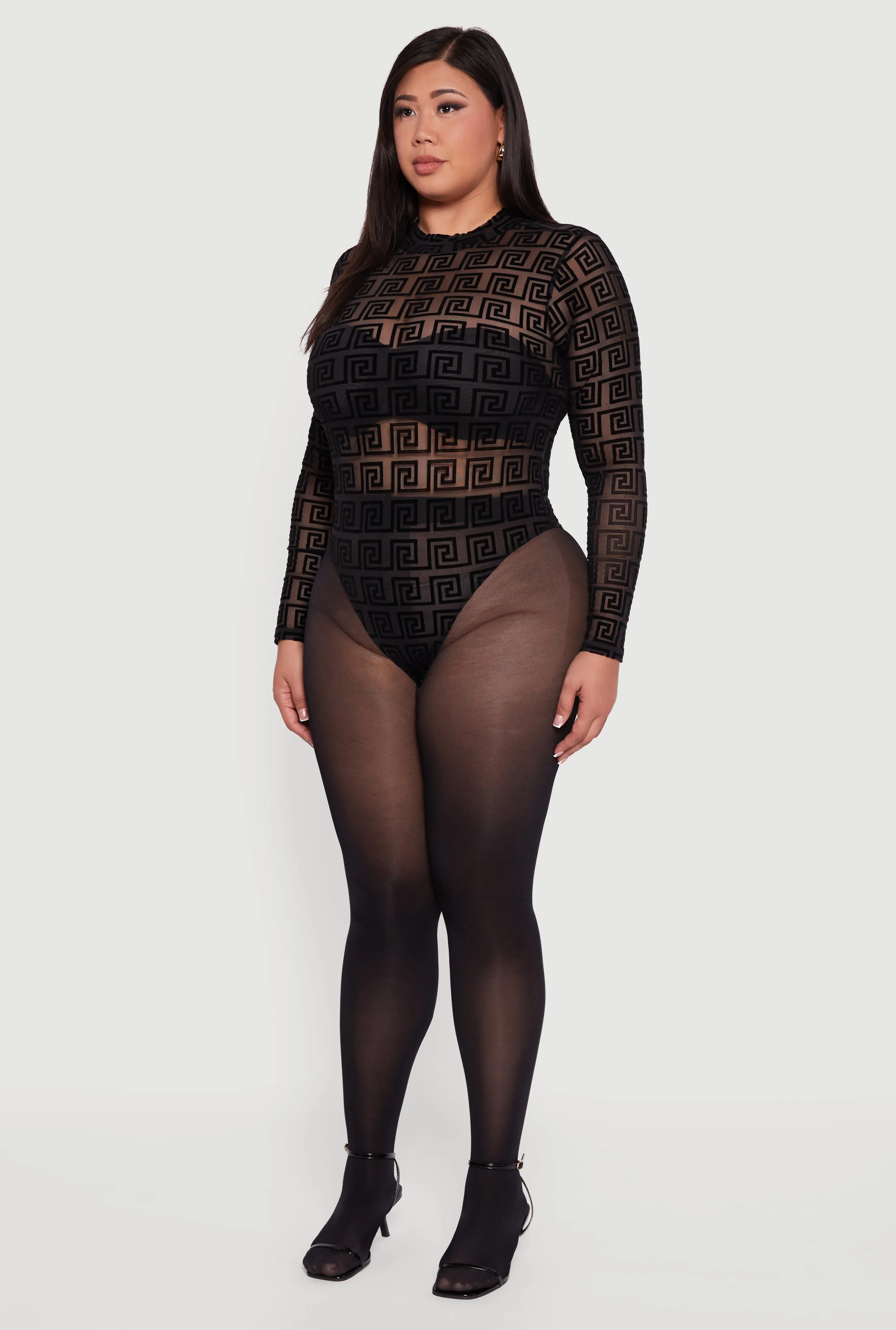 Plus Size Greek Key Velvet Burnout Mock Neck Bodysuit sold by Rainbow product image thumbnail 5