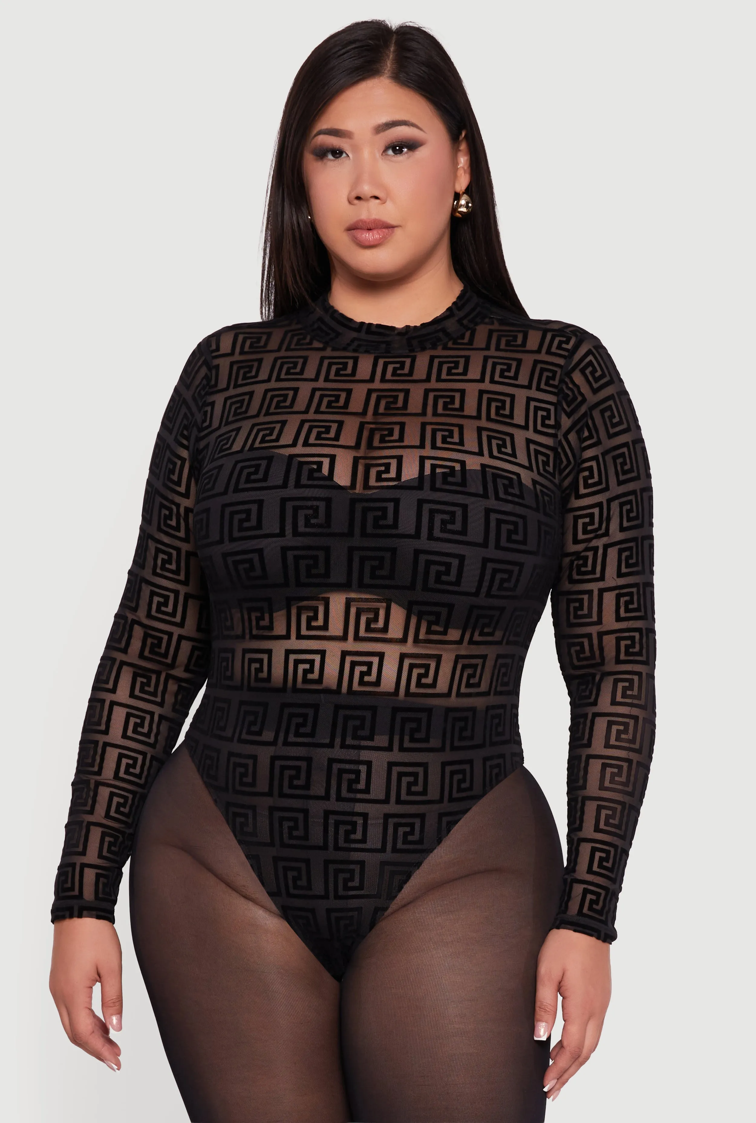 Plus Size Greek Key Velvet Burnout Mock Neck Bodysuit sold by Rainbow product image thumbnail 2