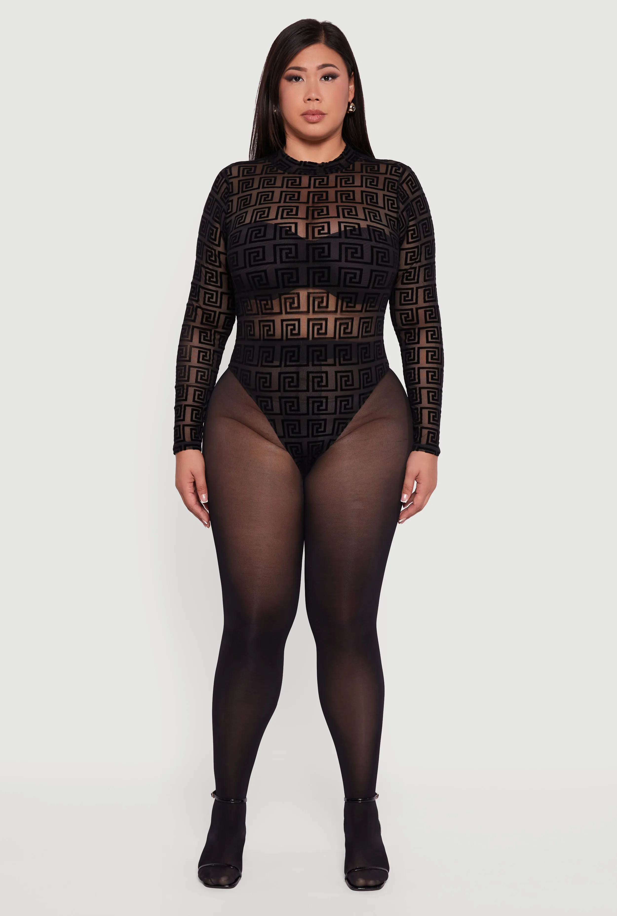 Plus Size Greek Key Velvet Burnout Mock Neck Bodysuit sold by Rainbow product image thumbnail 3