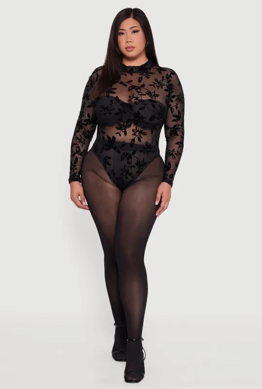 Plus Size Floral Velvet Burnout Mock Neck Bodysuit sold by Rainbow