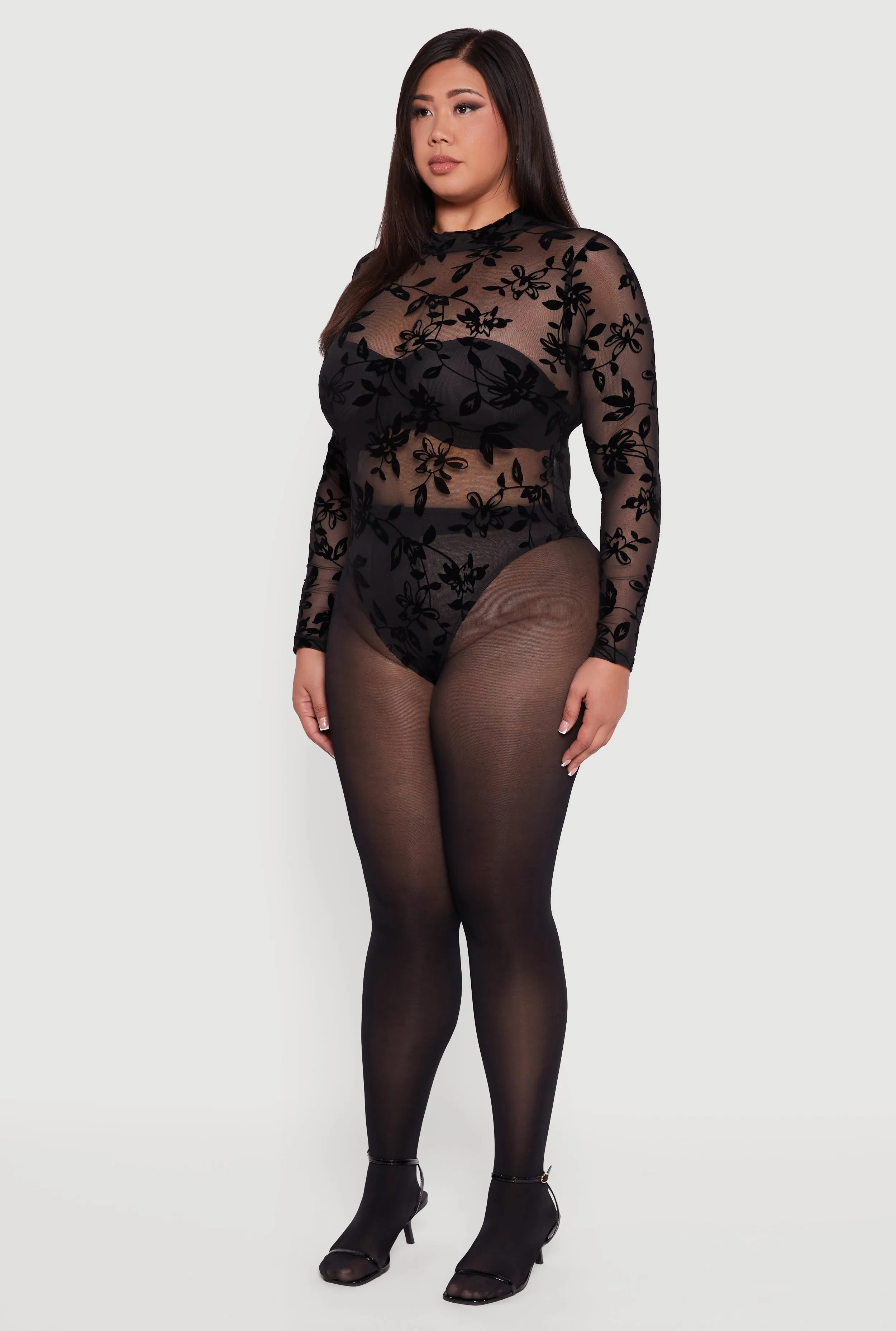 Plus Size Floral Velvet Burnout Mock Neck Bodysuit sold by Rainbow product image thumbnail 5