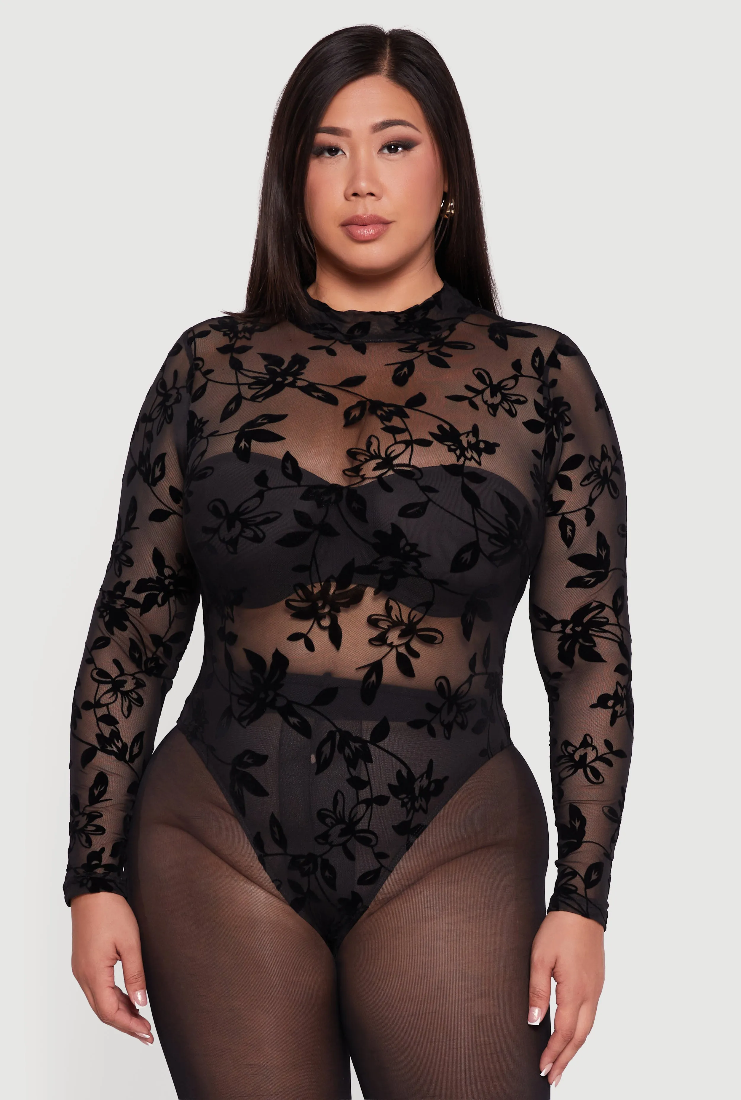 Plus Size Floral Velvet Burnout Mock Neck Bodysuit sold by Rainbow product image thumbnail 2