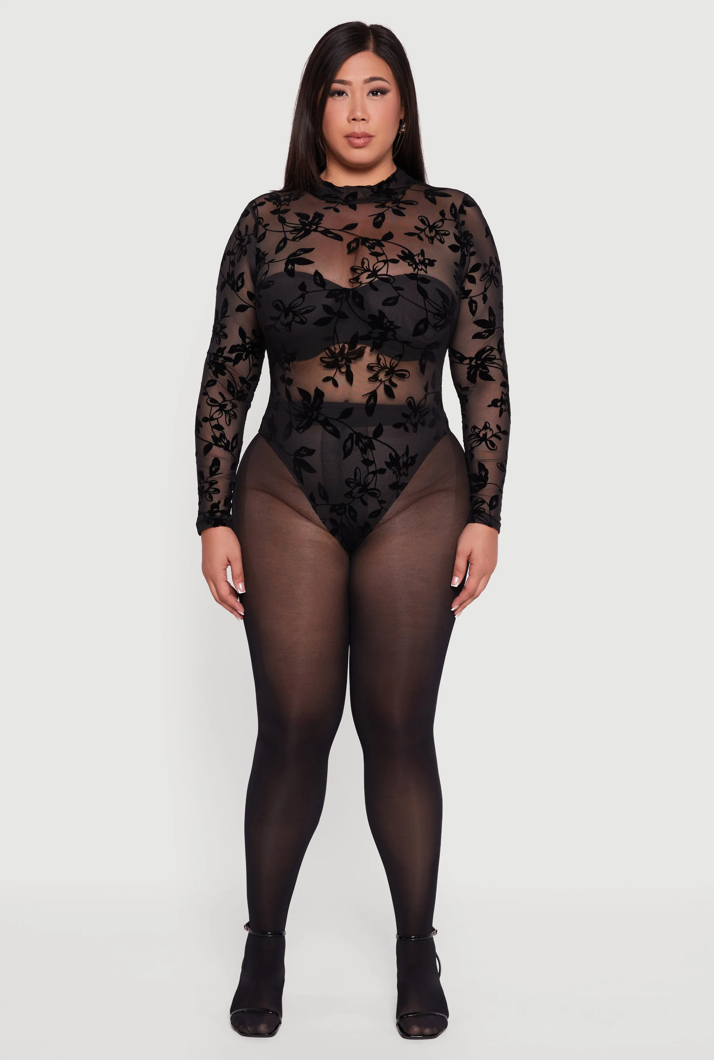 Plus Size Floral Velvet Burnout Mock Neck Bodysuit sold by Rainbow product image thumbnail 3