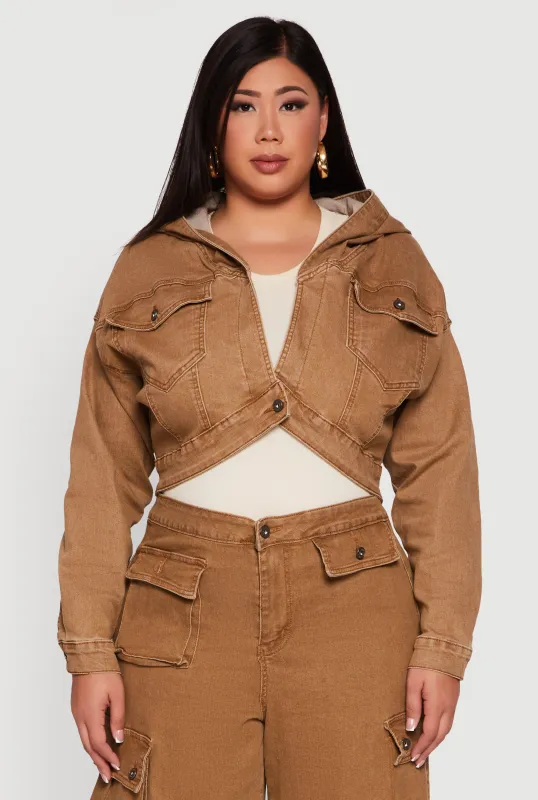 Plus Size Mineral Wash Cropped Hooded Denim Jacket sold by Rainbow